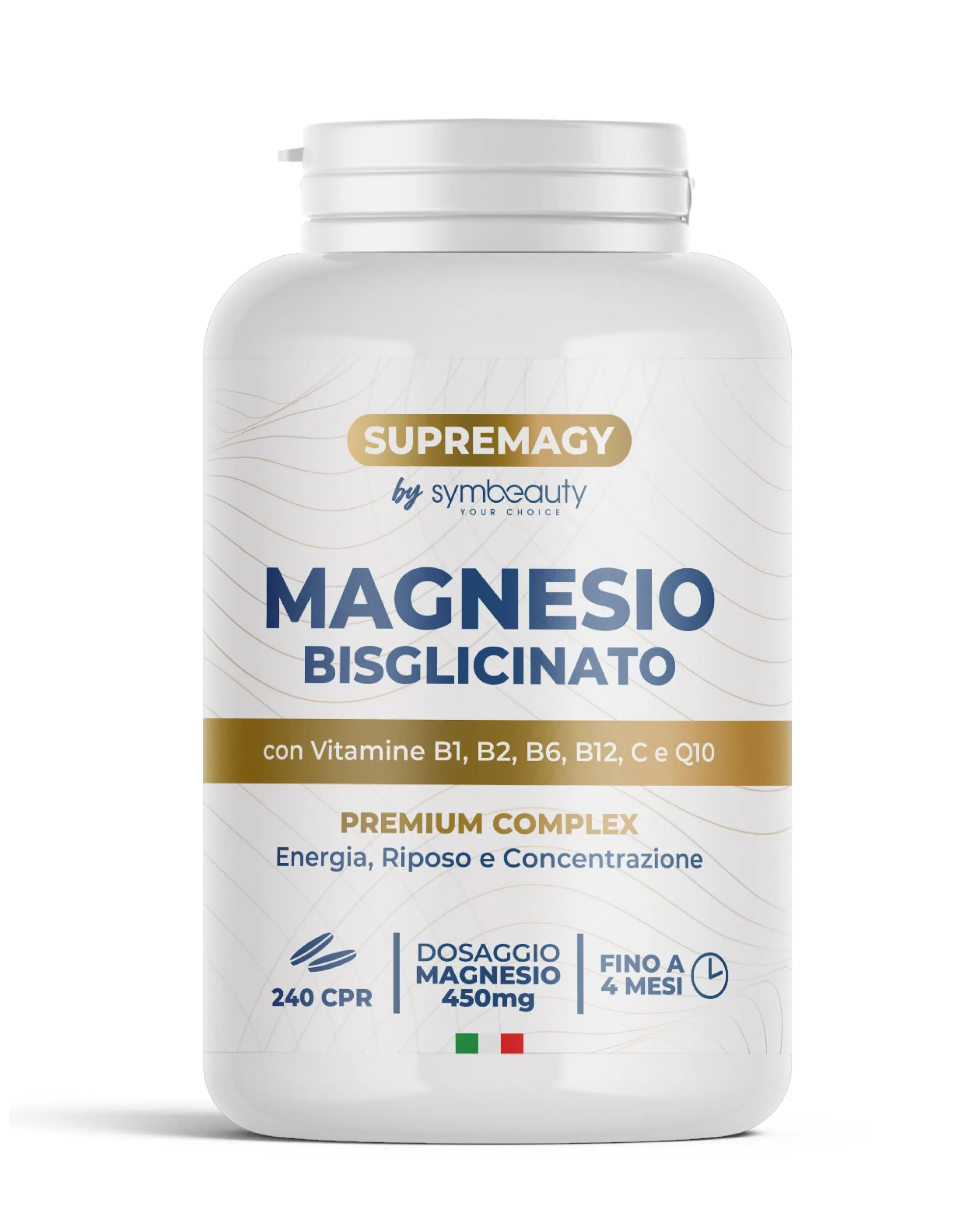 SUPREMAGY MAGNESIO BISGLICINATO 450mg (Fornitura 4 Mesi) 240 CPR - Magnesio Completo | Vitamina B12, B1, B2, B6, C e Coenzima Q10 | Integratore Stanchezza Fisica e Mentale - Vegano e Made in Italy