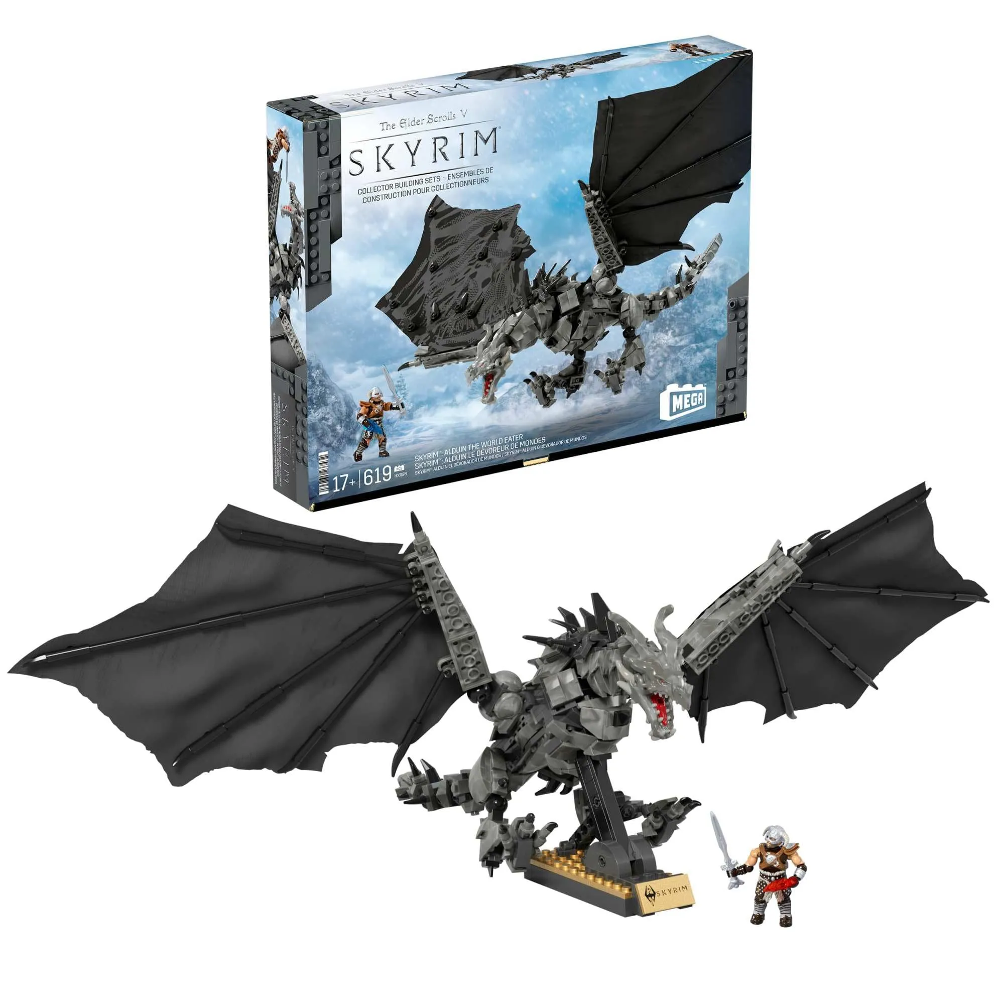 MEGA Skyrim - Alduin il Mangiatore di Mondi, set da costruire con 619 pezzi e 1 personaggio Sangue di Drago snodato incluso, per i fan del gioco e da collezione, 17+ anni, HXR98