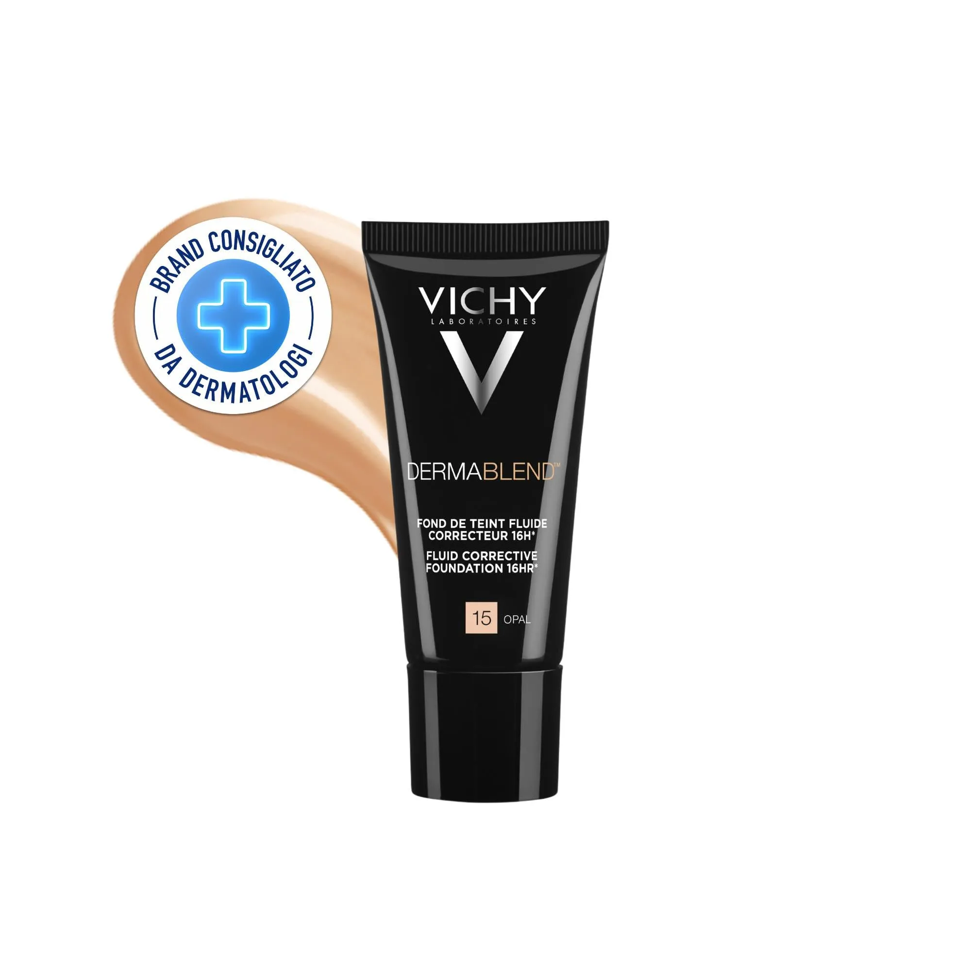 Vichy Dermablend, Fondotinta Correttore Fluido 16h, Per Tutti i Tipi di Pelle, Copertura Elevata di Imperfezioni e Macchie, Colorito Uniforme, Tonalità: 15, 30 ml
