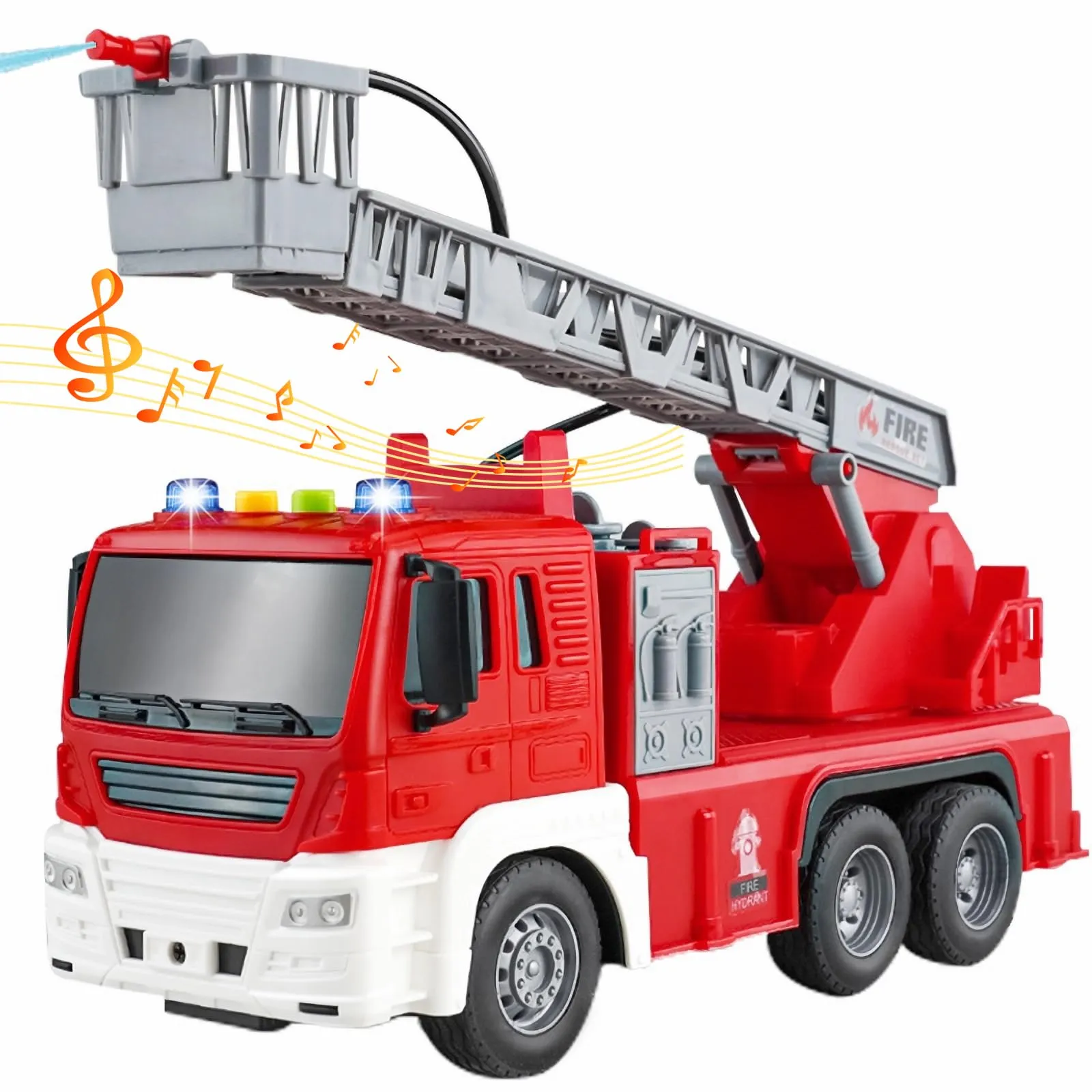 LioMaxi Scala 1:16 Camion Pompieri Giocattolo per Bambini, Autopompa Antincendio a Inerzia, Luci & Suoni,con pompa spruzzatrice d'acqua, scala estensibile, Rosso (scala del cestino)