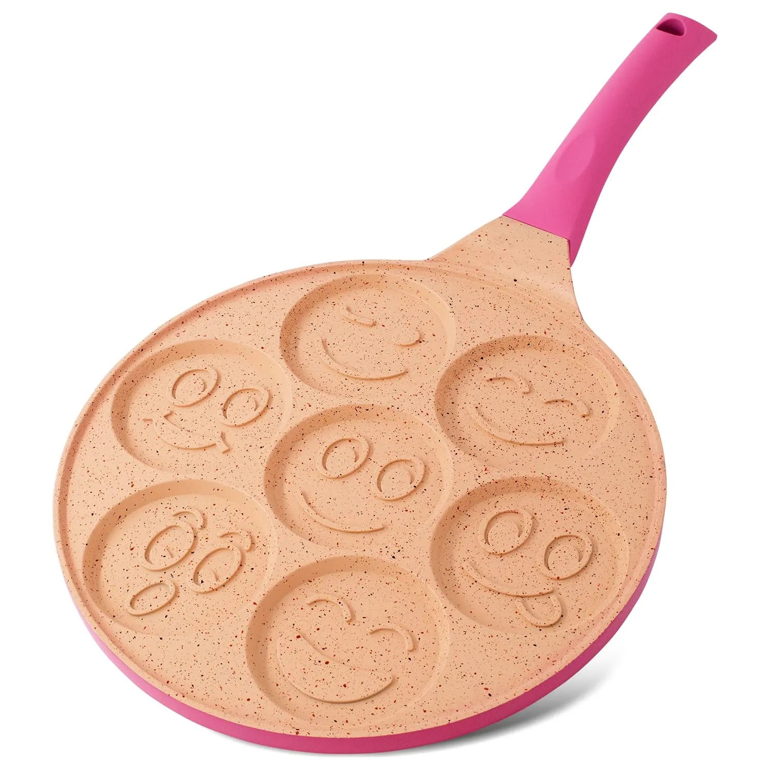 Joeji's Kitchen Teglia per pancake a 7 fori 26,5 cm Smiley - Alluminio antiaderente leggero - Induzione elettrica a gas - Mini pancake pancake crêpe - Cucina divertente per bambini - Rosa