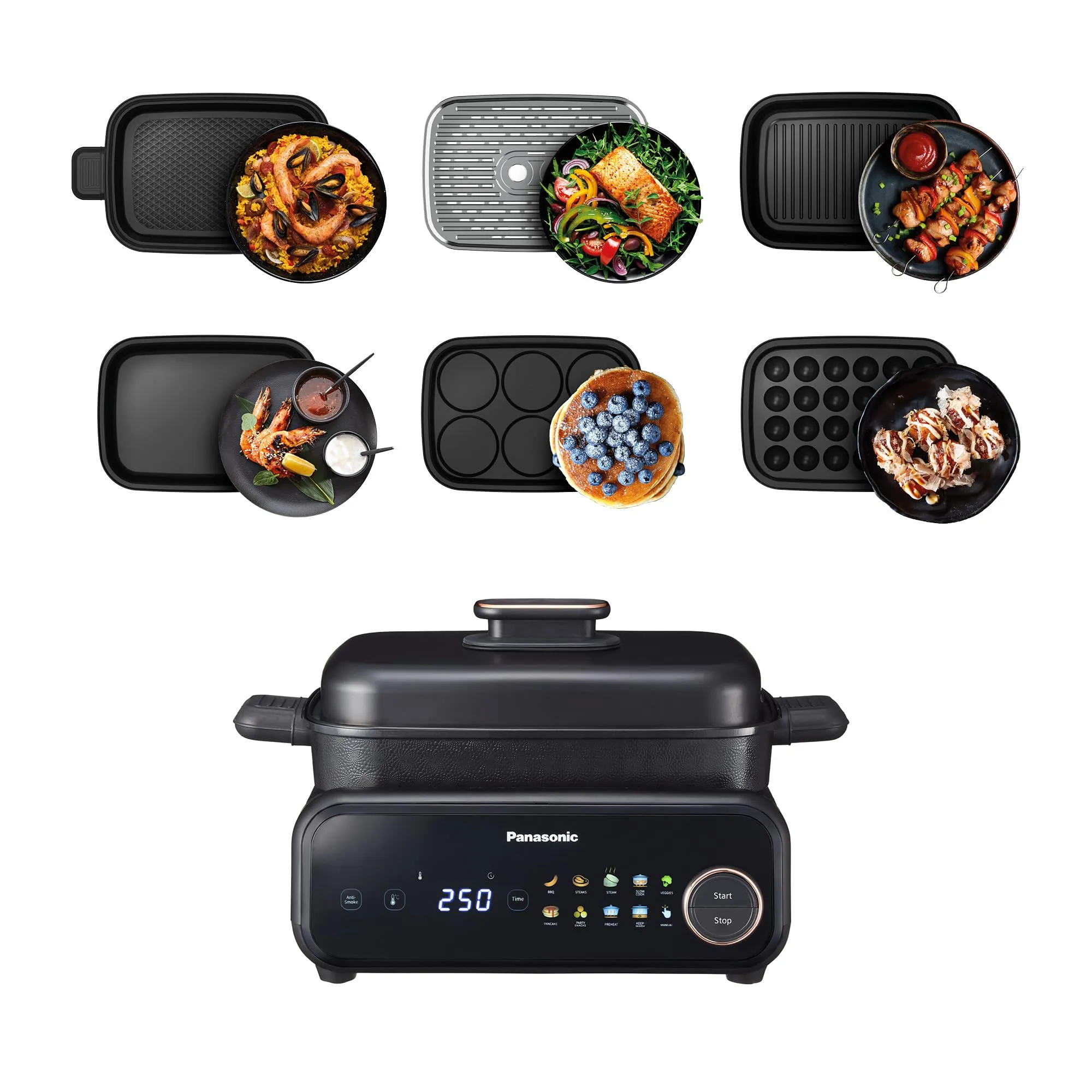 Panasonic NF-GM600KXE Multi Cooker Elettrico 6-in-1, 1400W, 40-250°C, Con 9 Modalità Auto, 6 Piastre Integrate, Estrattore di Fumo, Lavabile in Lavastoviglie, Cavo da 2,5m, Nero