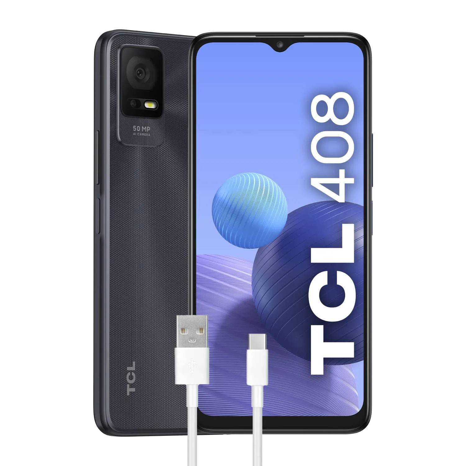 TCL 408 - Smartphone 4G 64 GB, 4 GB RAM, Display 6.6" HD+, Android 12, Dual Camera da 50 Mp, Batteria 5000 mAh, Dual Sim, Gravity Grey, con Cavo USB Type-C Aggiuntivo