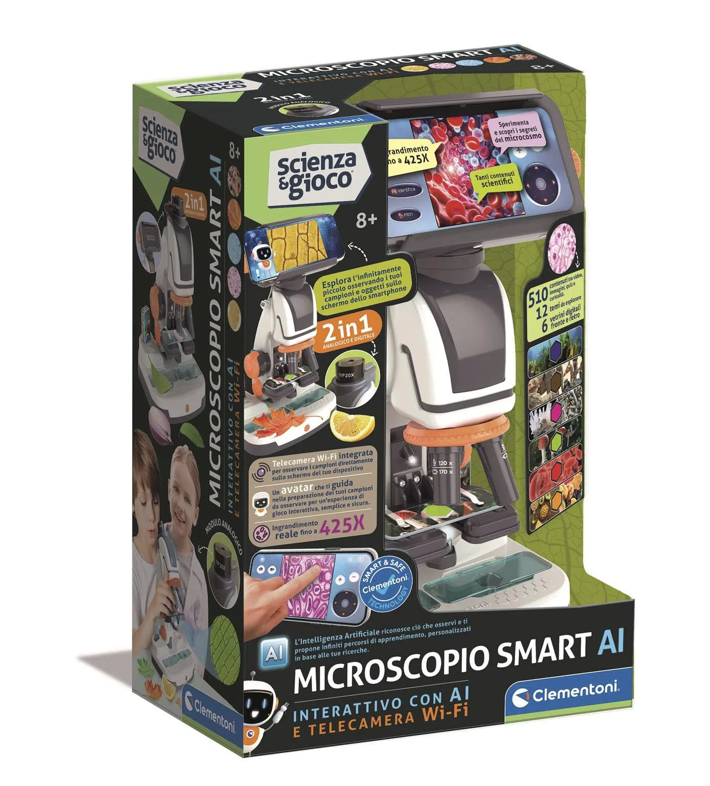 Clementoni Scienza e Gioco - Microscopio smart AI, Interattivo con Telecamera Wi-Fi, Super Microscopio con modalità Digitale e analogica, Bambini 8+ Anni, Lingua Italiana, 19387