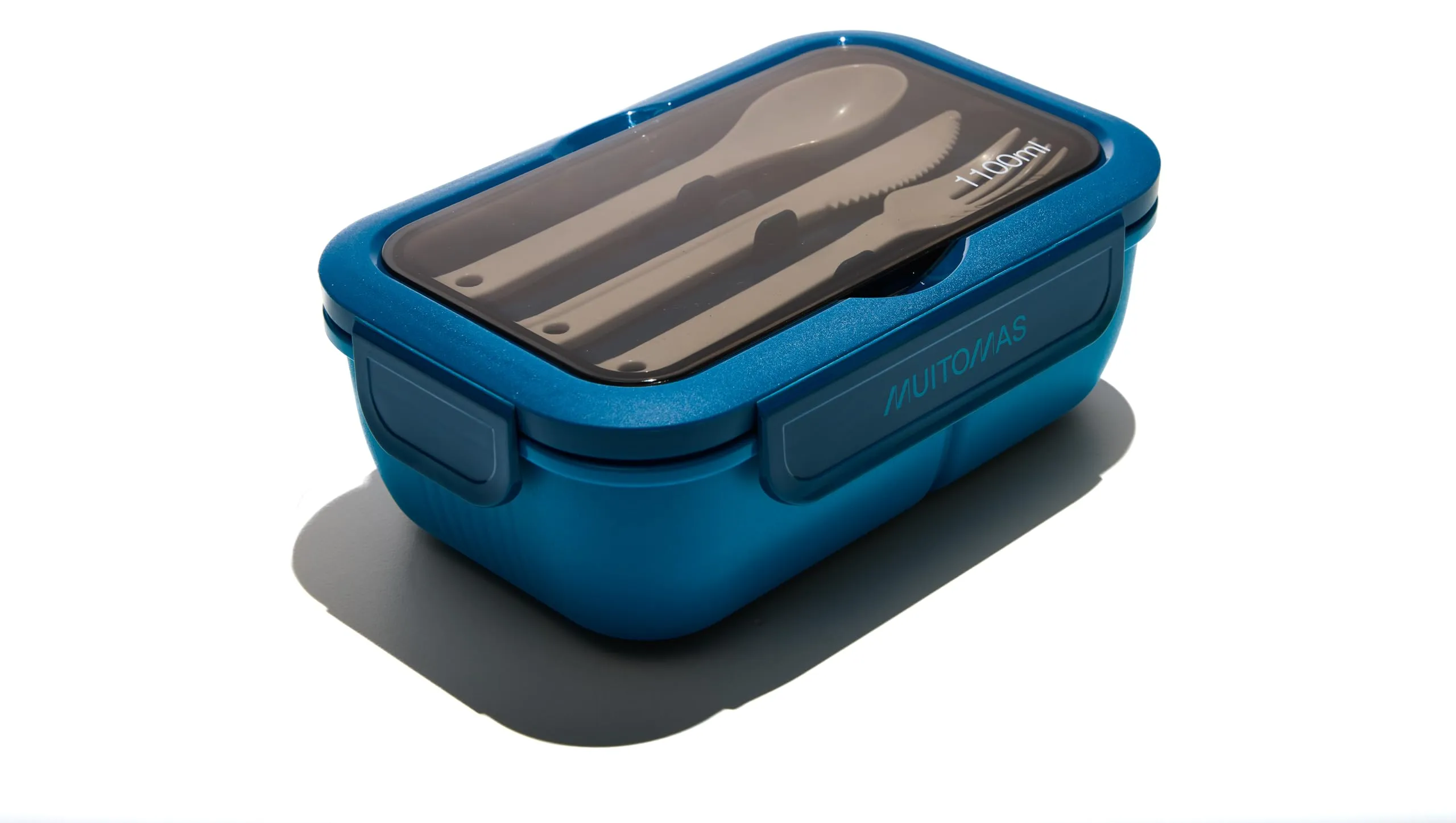 Muitomas, Lunch Box 1100ml, Porta Pranzo con Posate e Tre Scomparti Interni, Portapranzo Ermetico per Alimenti, Lunch Box Microonde, Lavastoviglie e Congelatore, Colore Blu Ottanio