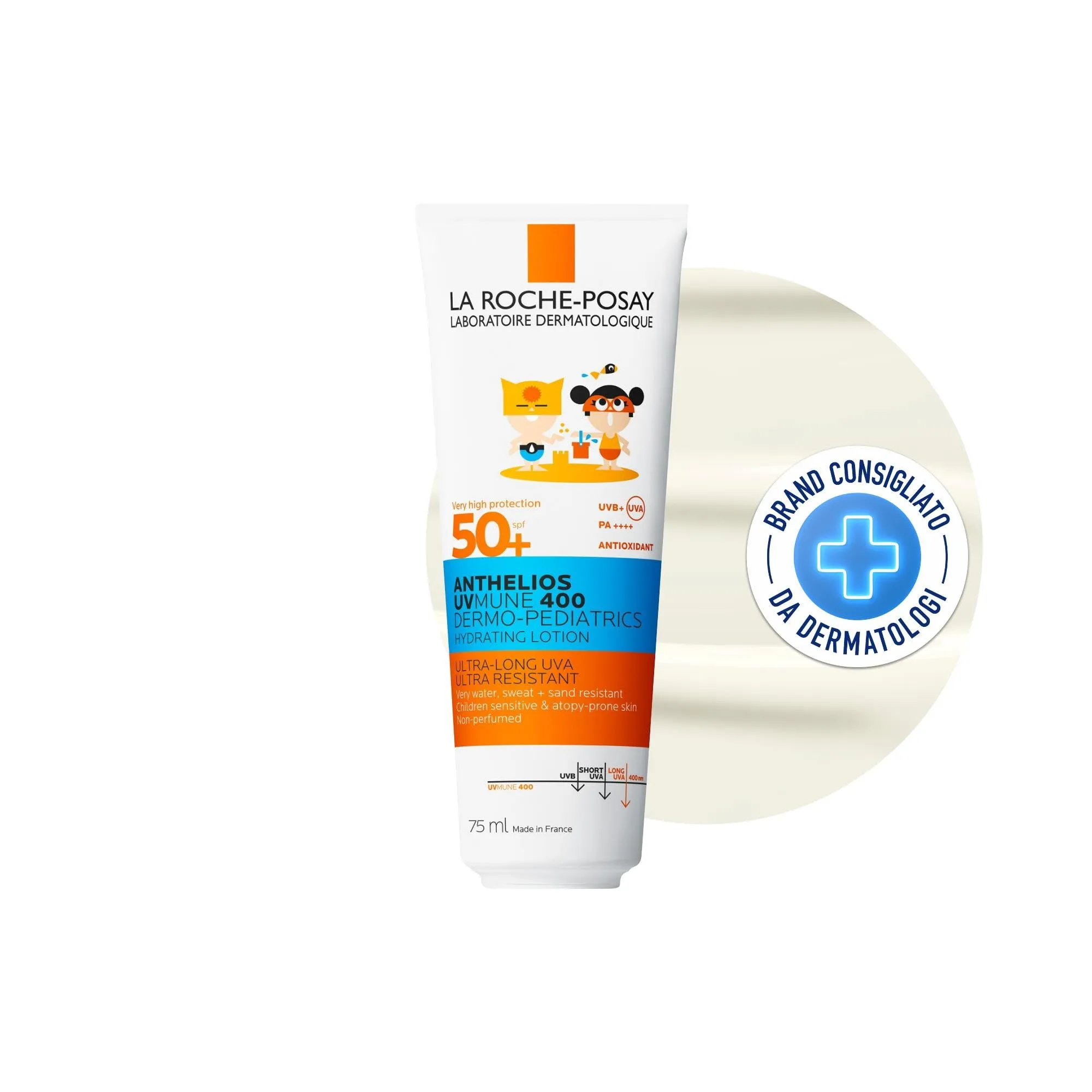 La Roche-Posay Anthelios, Latte Solare per Bambini SPF50+, Per Pelli Sensibili, Protezione di Viso e Corpo, Con Mexoryl 400, Burro di Karité e Vitamina E, Resistente all'Acqua, 75 ml
