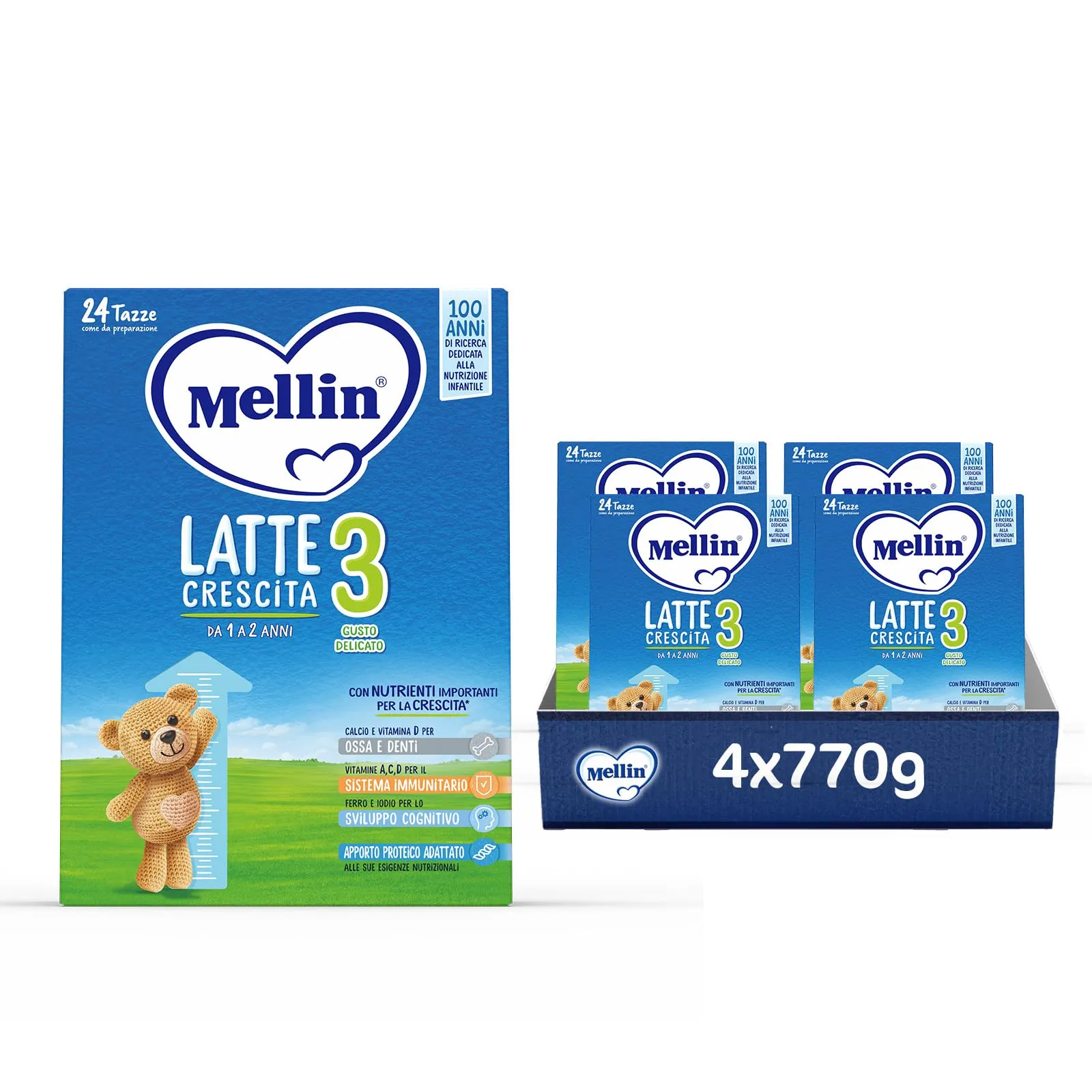MELLIN 3 - Latte di Crescita in Polvere per Bambini - dal 1° al 2° anno - Confezione da 3080 grammi (4 pezzi da 770g)