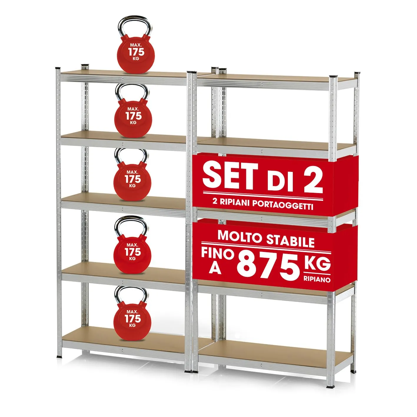 EASYmaxx Set di 2 scaffali per carichi pesanti, 180x90x40cm | 1750kg di portata, 175kg per livello | Scaffali per magazzini, cantine, banchi da lavoro | 10 Ripiani regolabili