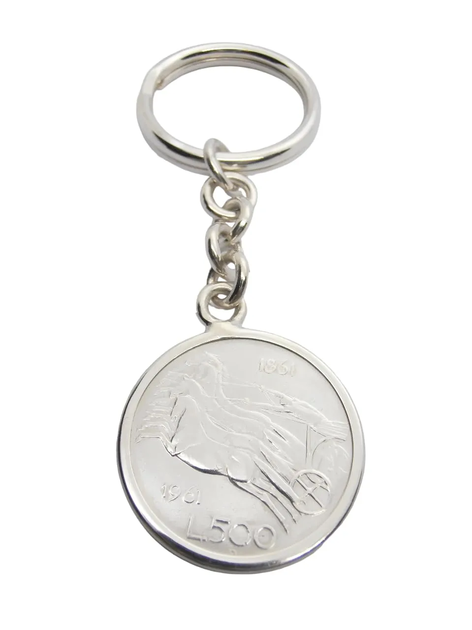Portachiavi in Argento 925 con 500 Lire d'Argento serie Quadriga - Centenario - moneta -