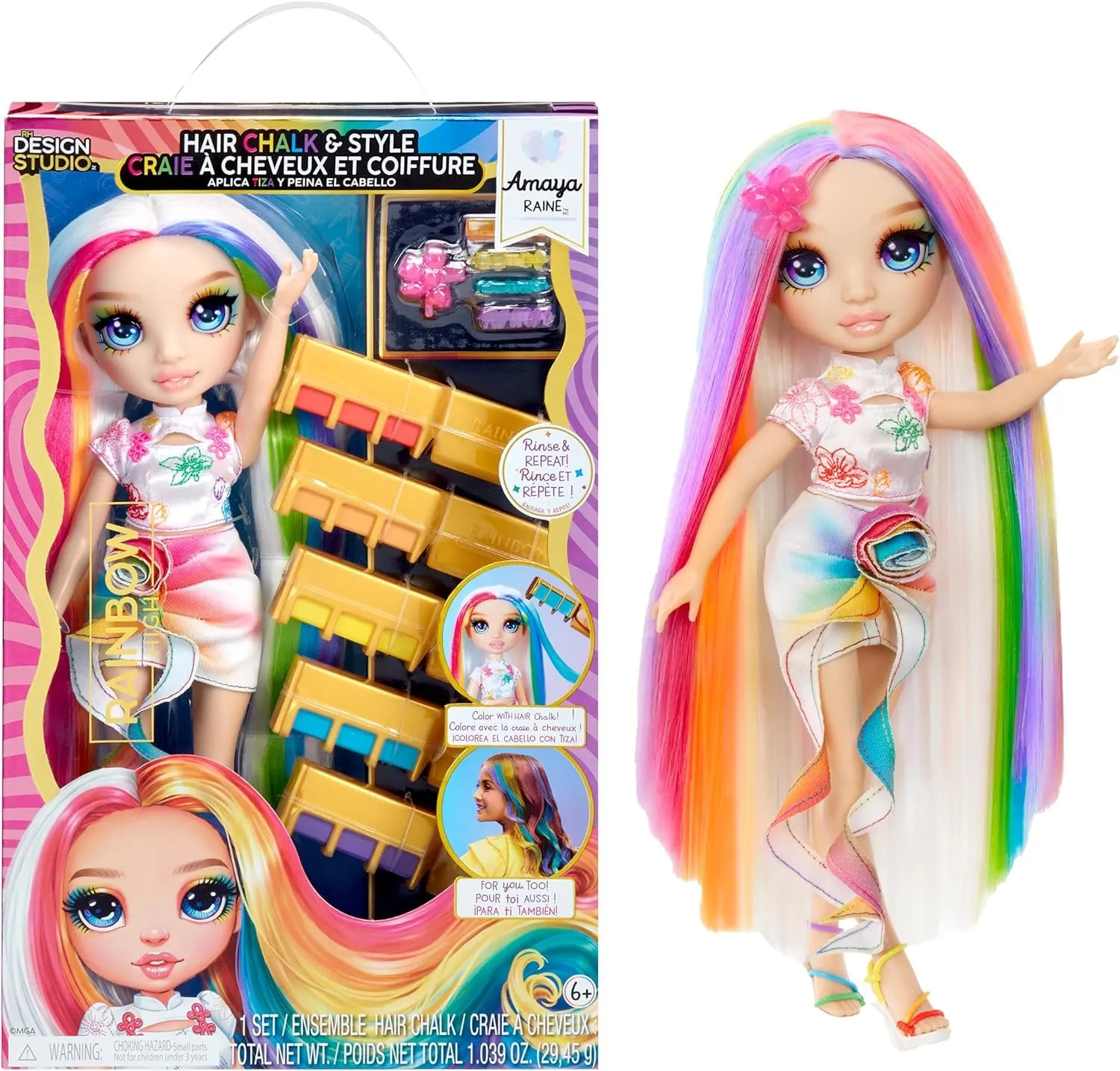 Rainbow High Bambola Hair Chalk & Style - Amaya - Bambola Arcobaleno da 28 cm, Gesso per Capelli Lavabile, Colora, Acconcia, Gioca, Risciacqua e Ripeti, età 4-12+