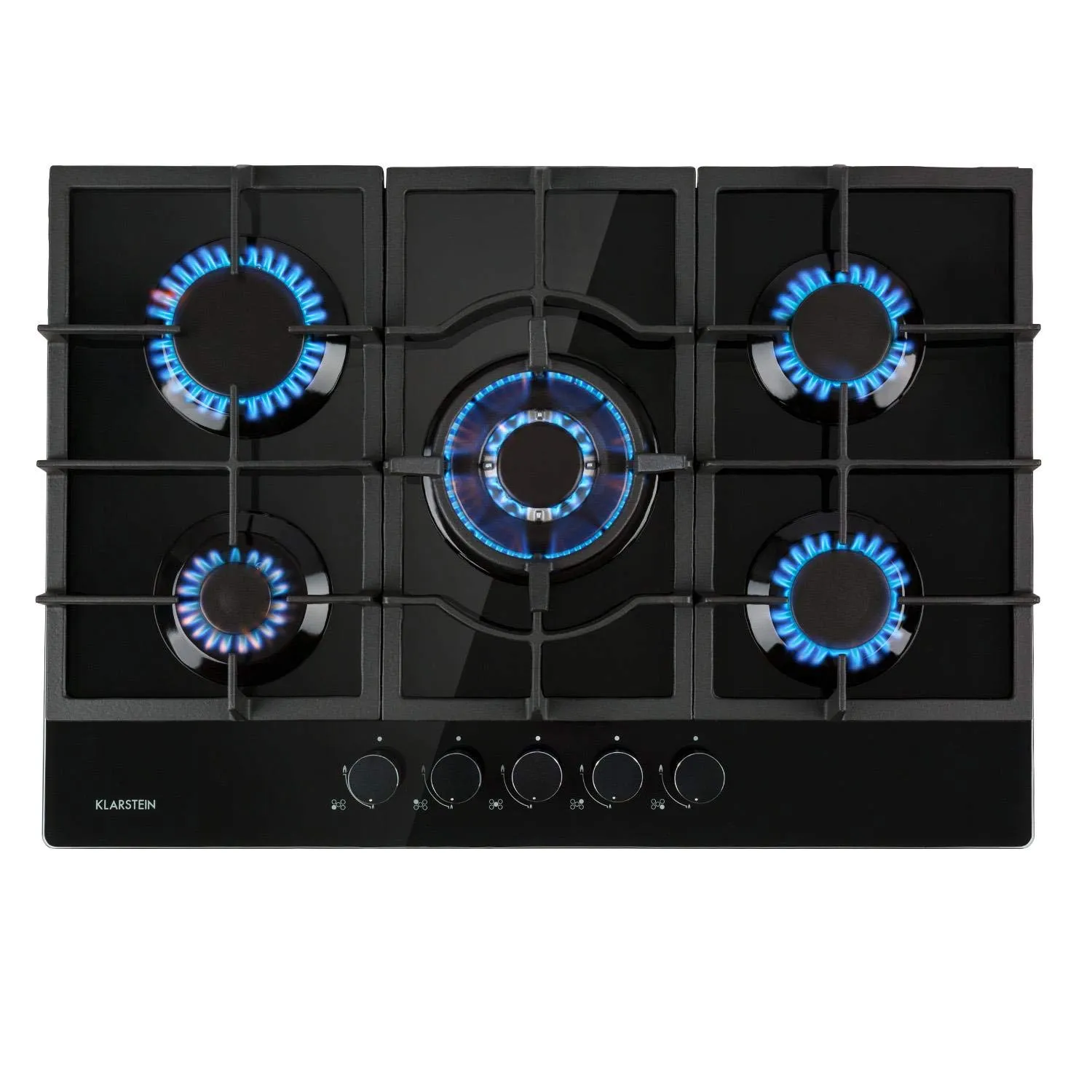 KLARSTEIN Ignito - Piano Cottura a Gas, Piastra da Incasso, Bruciatore Sabaf, Gas Naturale/Gas Propano, Valvole di Sicurezza, Spegnimento Automatico, Acciaio Inox, 5 Fuochi, 75 cm, Nero