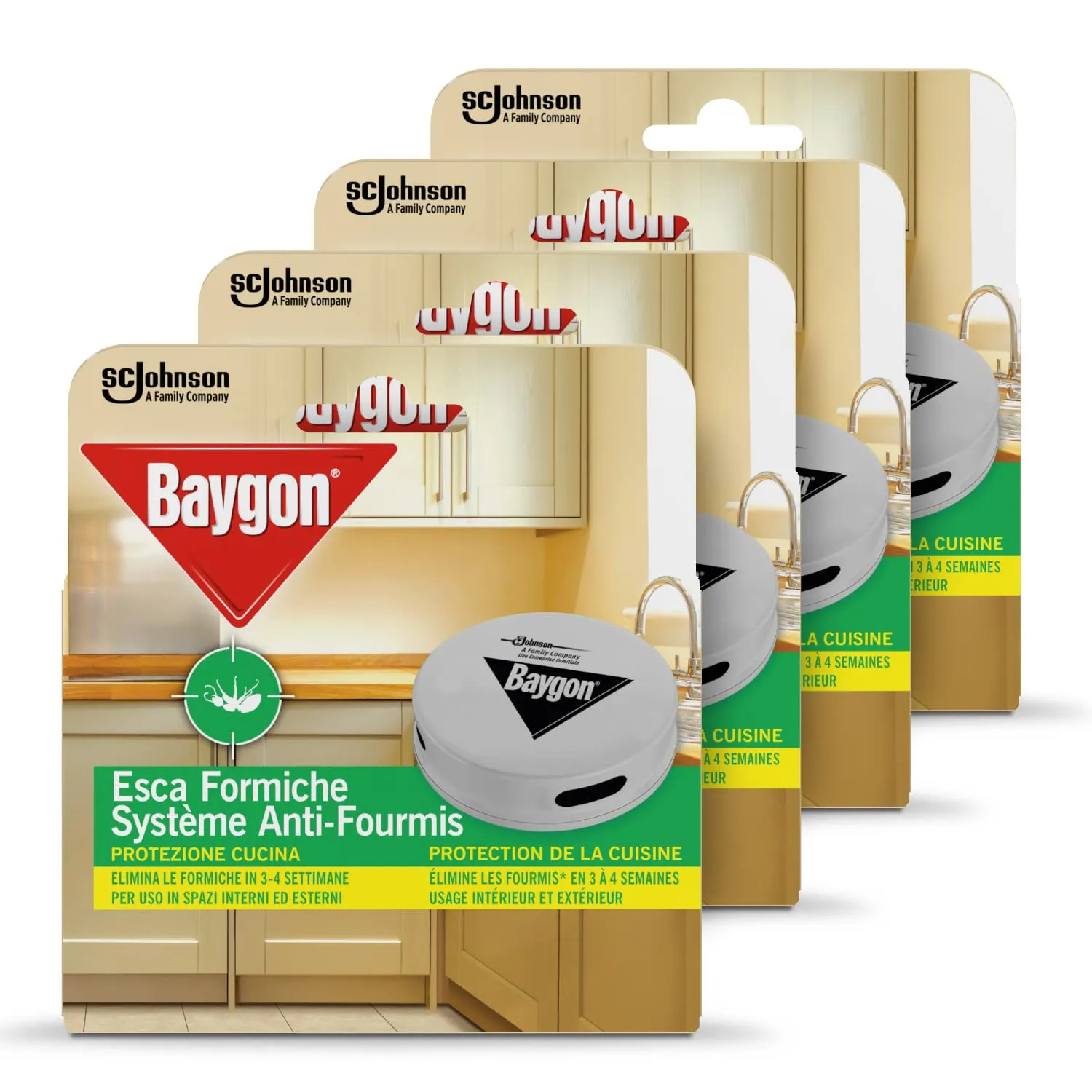 Baygon Esca Formiche, Pronta all'Uso, per Uso in Spazi Interni ed Esterni, Confezione scorta da 4x Esche Insetticida
