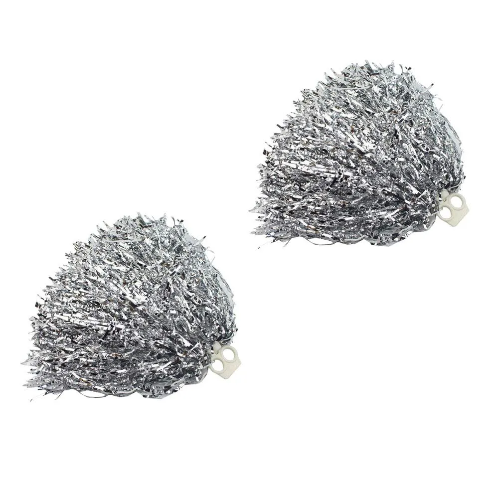 2 pompon cheerleader lucidi in lamina metallica, pompon cheerleader, pompon a mano cheerleader con anello in plastica, per squadra sportiva, fantasma, tifo (argento)