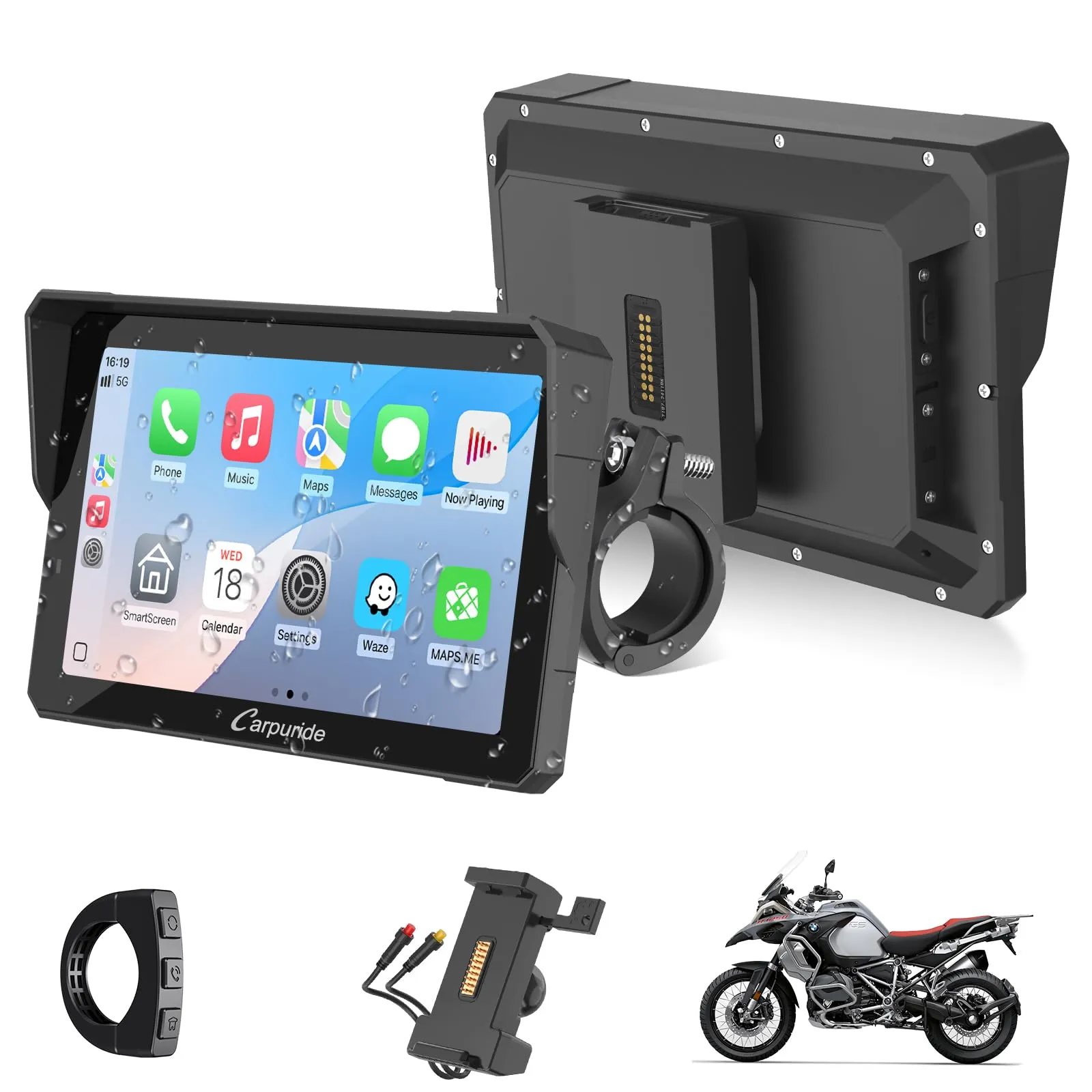 CARPURIDE W702S Pro Moto Carplay Schermo con BM05 Supporto per Plug-and-Play, Senza Fili CarPlay e Android Auto, 7" Impermeabile Touchscreen, Doppio Bluetooth, Cablato Controller, Bussola.