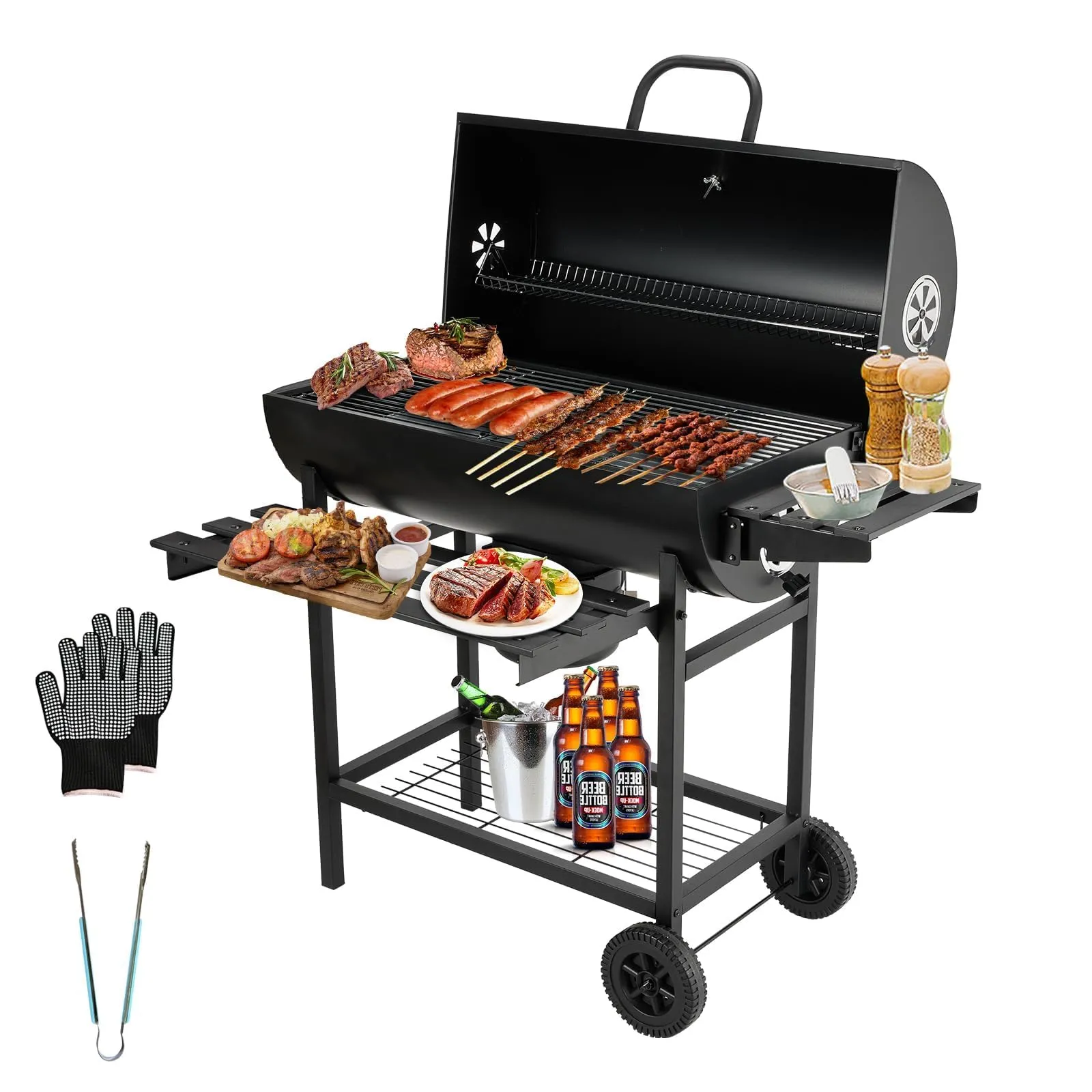 TEENO barbecue carbonella,con griglia di cottura XXL,Guanti anti-bruciore, termometro, cassetto cenere, sfiato regolabile, grande barbecue al carbone di legna (Basic)