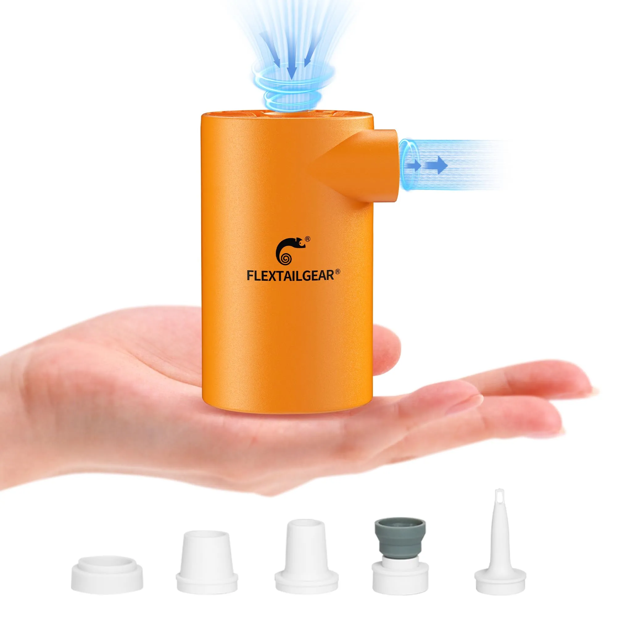 FLEXTAILGEAR EVO PUMP, Pompa ad Aria Elettrica Portatile, Alta Pressione 4,5 kPa, Batteria Ricaricabile da 3800 mAh, 5 Ugelli Multipli per Materassi ad Aria, Galleggianti per Piscine, Salvagenti