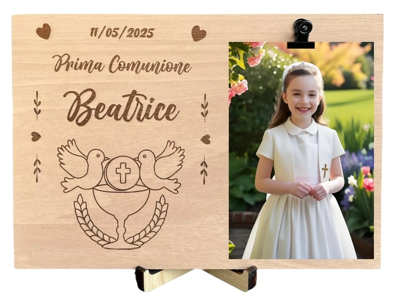 Portafoto personalizzato comunione, Portafoto in legno da tavolo, idea regalo comunione bambino, cornice comunione con molletta per appendere foto