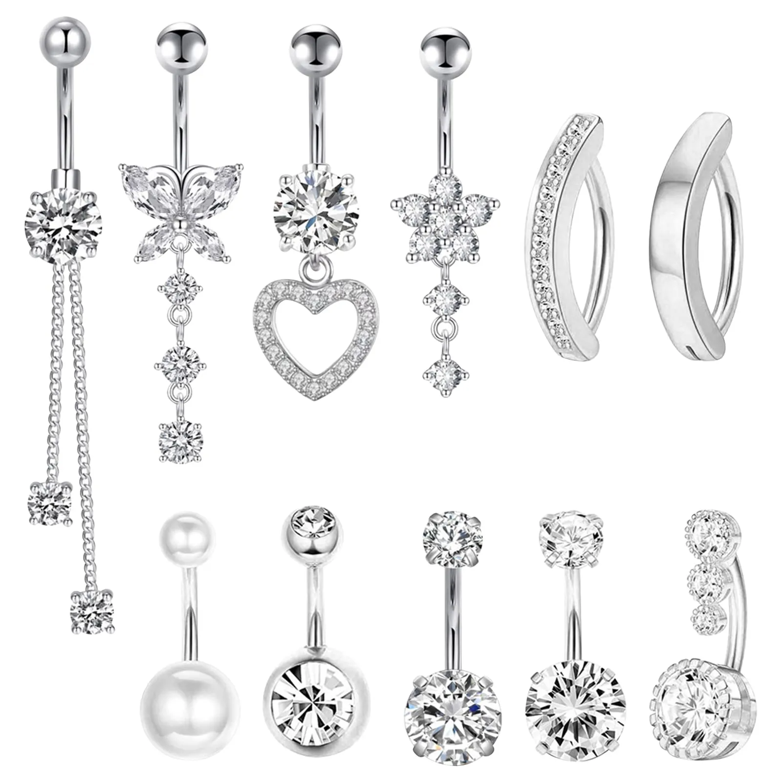 TYXHXTF 11 Pcs Piercing Ombelico per Donna, Perla Clicker Barbell Piercing Ombelico Anello Set, Cuore Farfalla Gioielli Diamante Lungo Barbell Set Per Le Donne