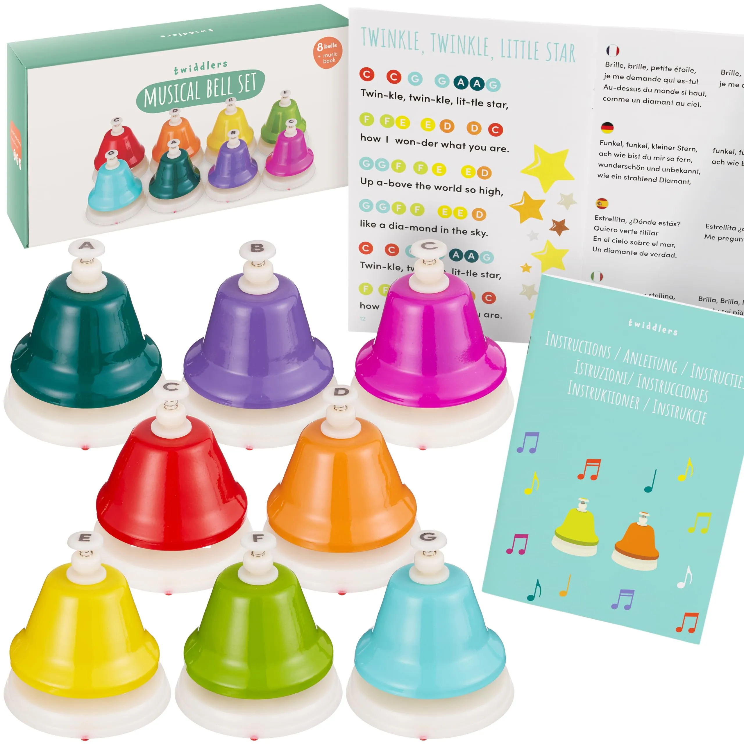 THE TWIDDLERS Campane Musicali Arcobaleno, Set di 8 Campane a Percussione Portatili per Bambini, con Libro Musicale e Confezione Regalo