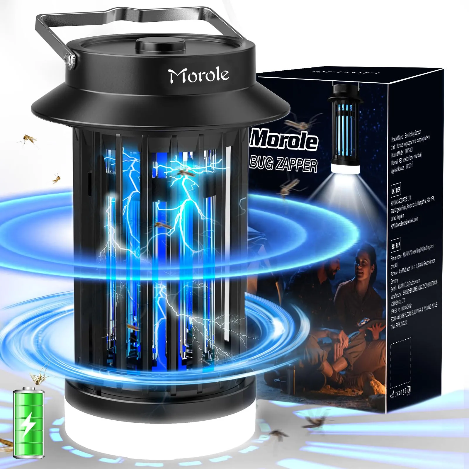 Morole Lampada Antizanzare USB Portatile, 2600mAh Ricaricabile con UV LED Zanzariera Elettrica | Appendibile e da Tavolo | Design Compatto per Campeggio, Giardino, Interni