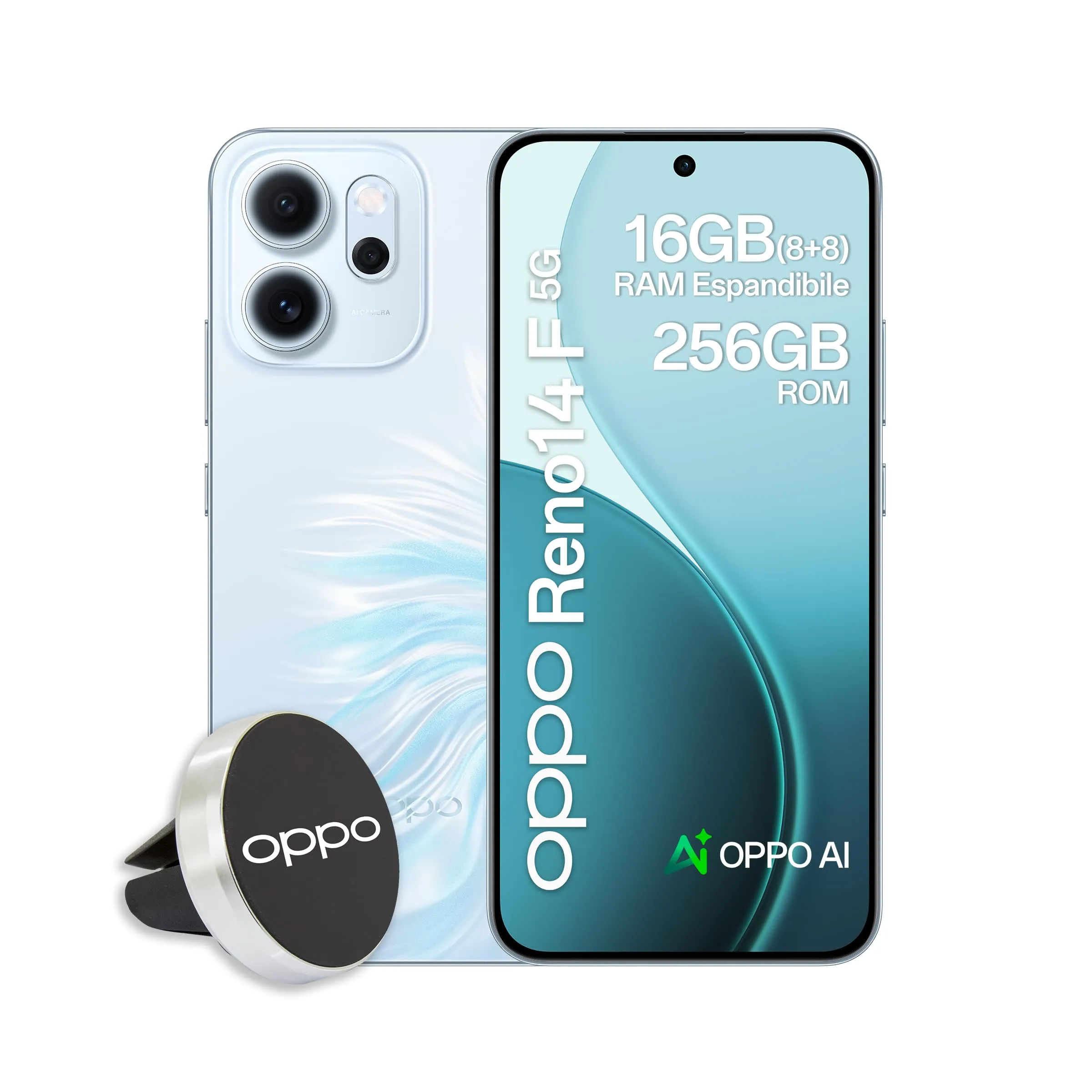 OPPO Reno14 F 5G AI Smartphone, Tripla fotocamera 50+8+2MP, Selfie 32MP, Display 6.57” 120HZ AMOLED FHD+, 6000mAh, RAM 8GB(Esp4GB/6GB/8GB)+ROM 256GB, Supporto Auto [Versione Italia], Opal Blue