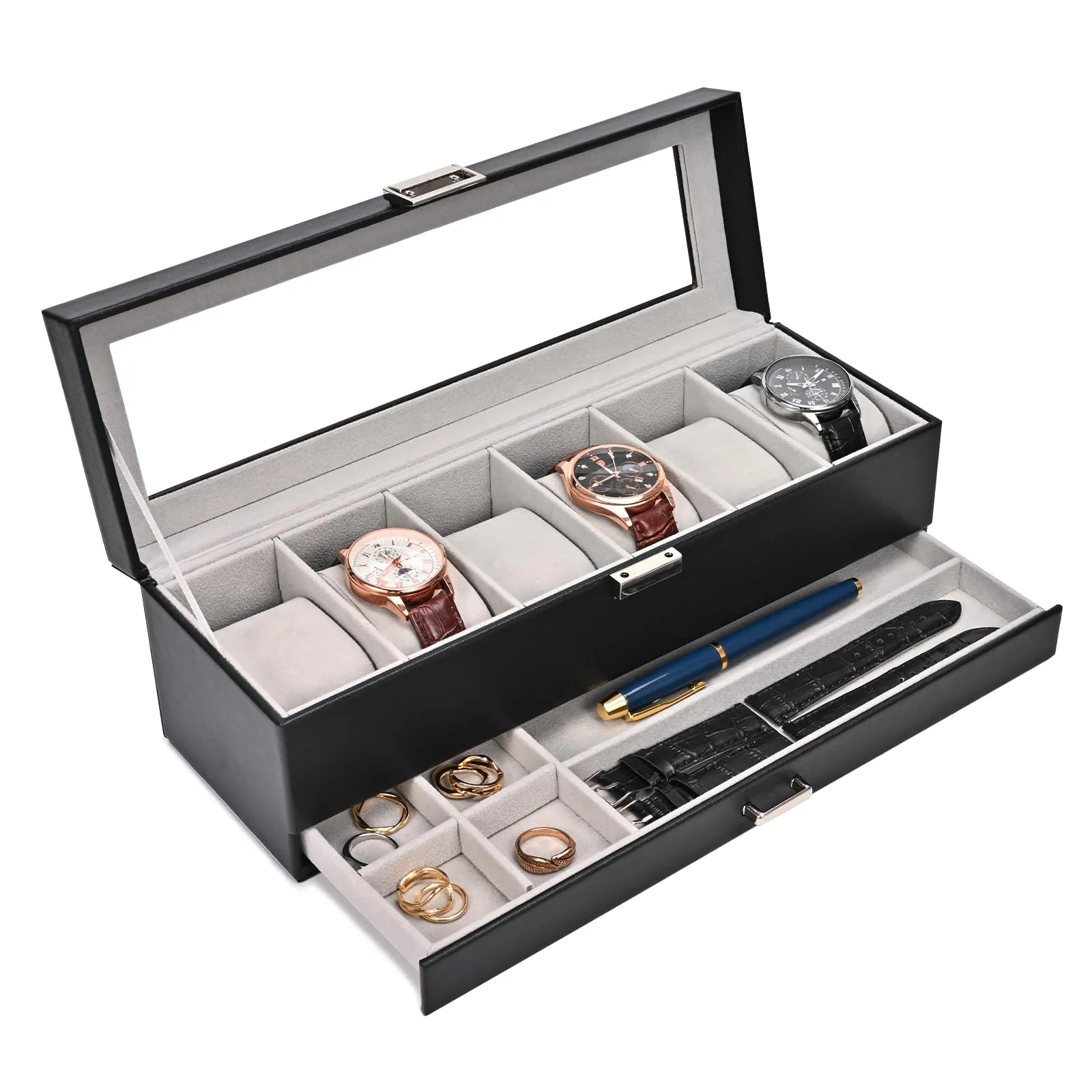 ProCase Scatola per orologi con 6 scomparti, con coperchio in vetro, 2 livelli, con cuscino rimovibile, per gioielli, anelli, bracciali e collane, colore nero
