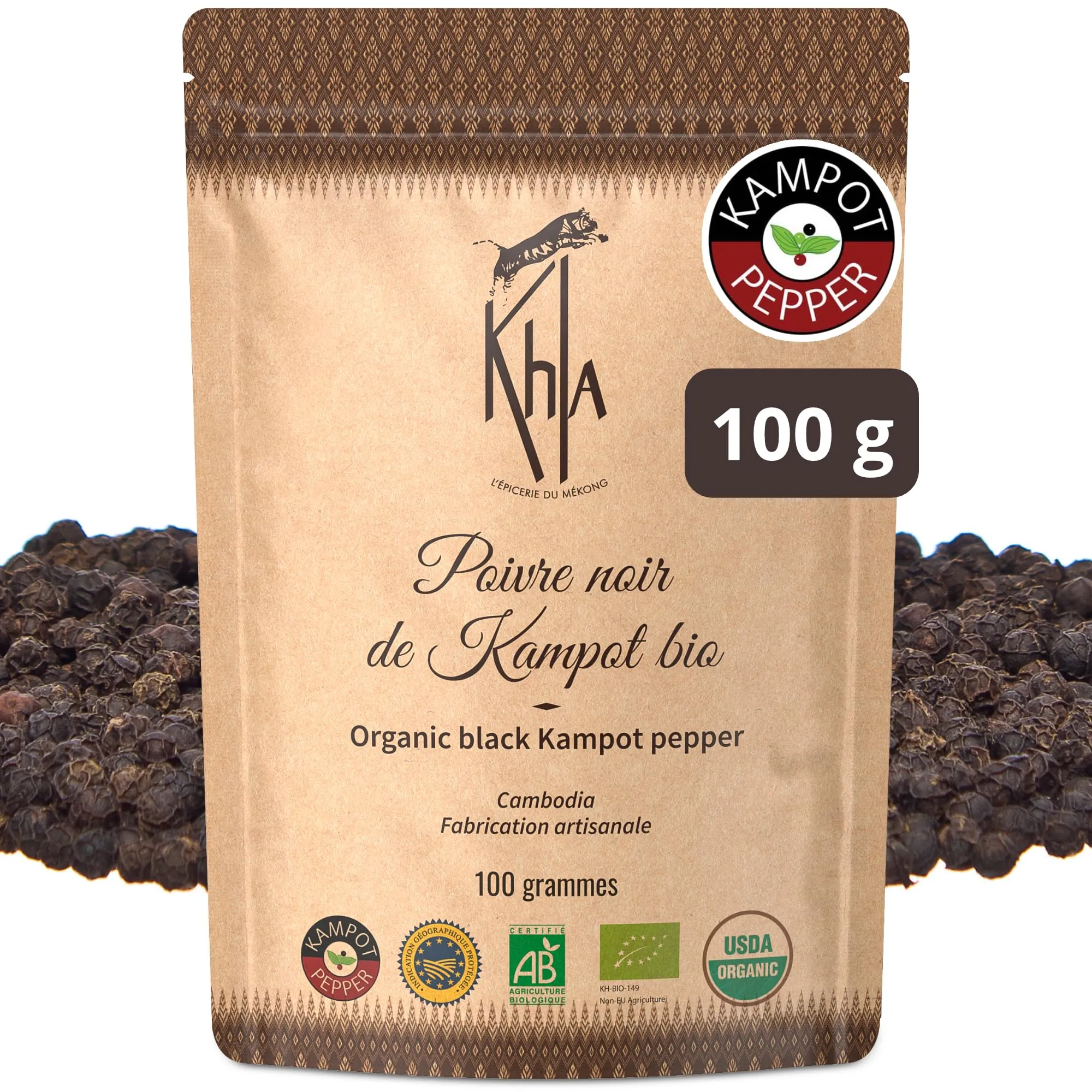 Khla - Pepe Nero di Kampot Certificato Biologico 100g - Pepe di Kampot in Grani Bio - Raro e Delicato - Ingrediente Spezie Cucina - Produzione Limitata - Direttamente dal produttore - Origine Cambogia