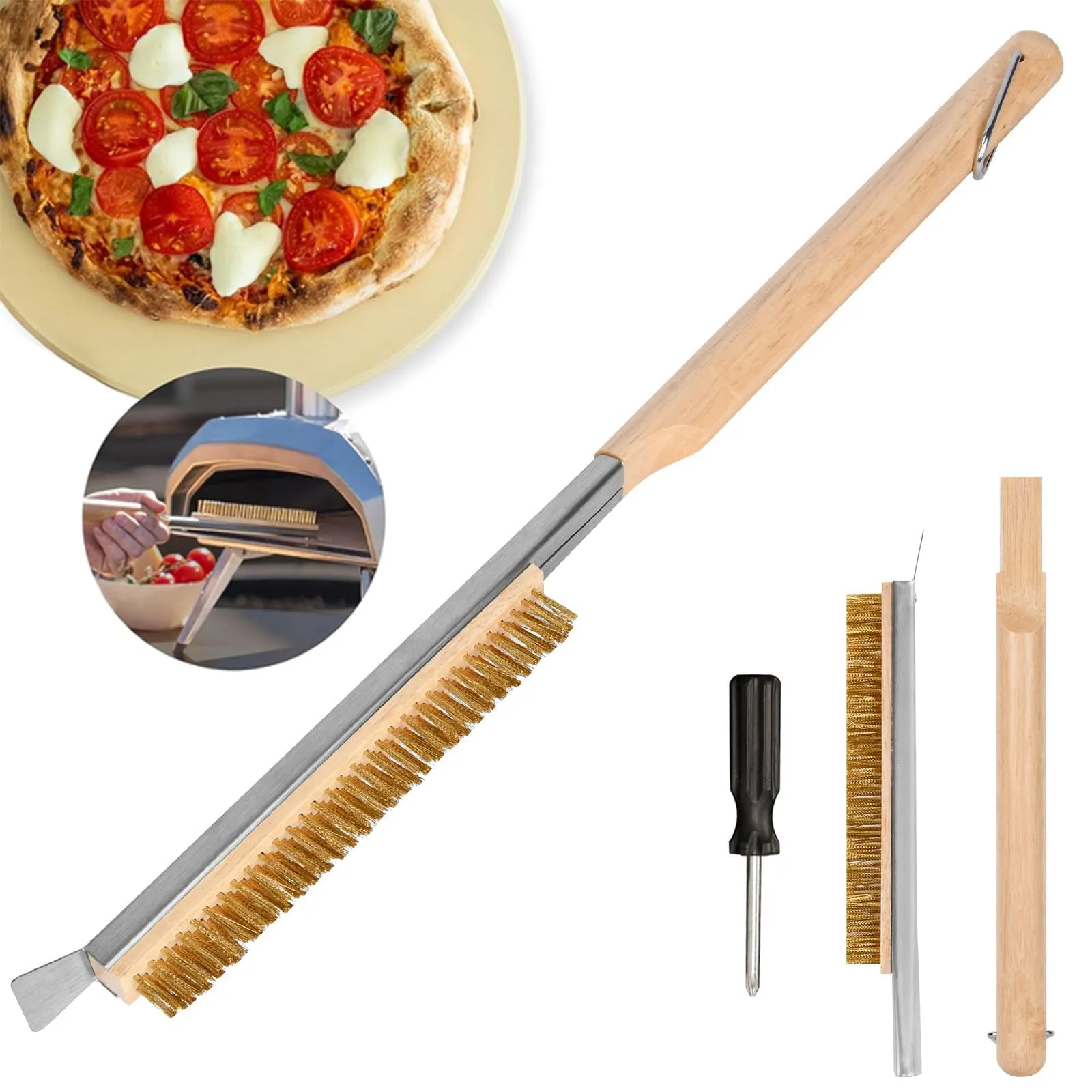Spazzola per forno pizza da 52 cm, spatola in acciaio inossidabile, setole in ottone resistenti ai graffi, anello per appendere, spazzola per griglia con manico in legno, accessorio per forno pizza