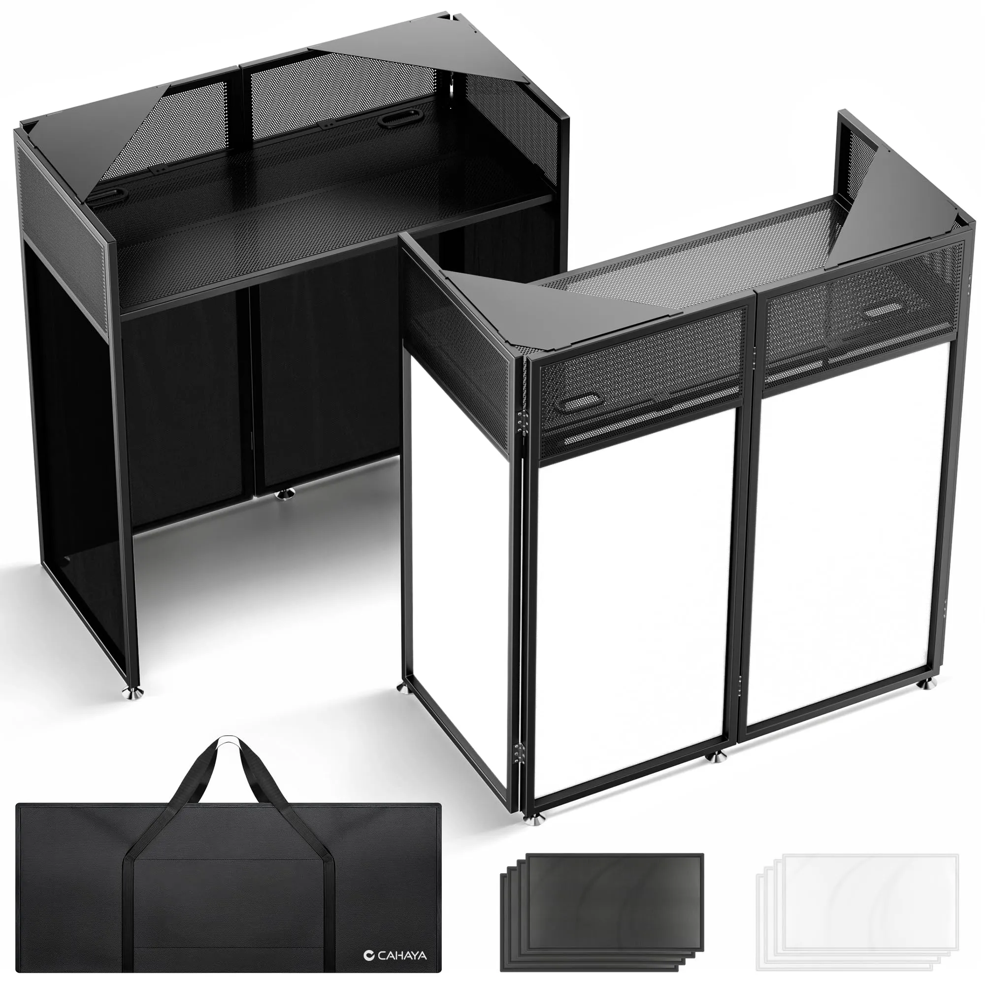 CAHAYA Stand DJ Portatile Pieghevole - Banco DJ con Angoli Superiori Doppi, Teli Neri e Bianchi, Borsa, Fori per Cavi, 104x52 cm per Eventi Matrimoni Feste