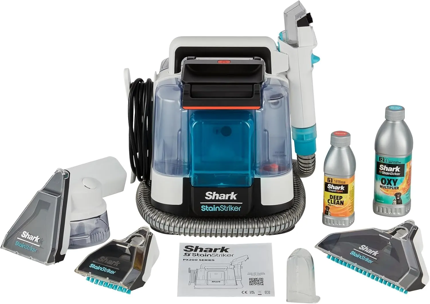 Shark StainStriker Pulitore Tappezzeria e Smacchiatore, 5 Accessori, Animali Domestici, Fessure e Tubo Flessibile, 2 Detergenti, Rimuove le Macchie, Odore e Sporco, Leggero, Portatile, 450W PX200EUT.