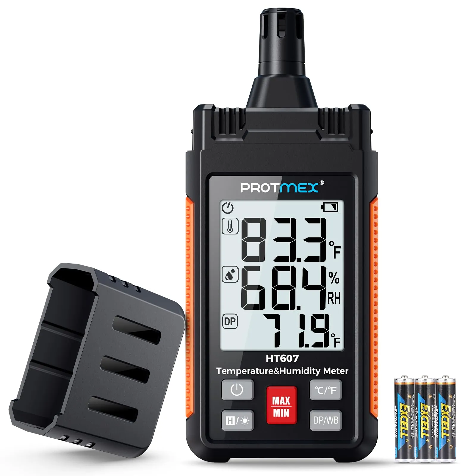 HT607 Misuratore di temperatura e umidità ad alta precisione con temperatura ambiente, umidità relativa, punto di rugiada, termometro a bulbo umido, mantenimento min/max, retroilluminazione LCD