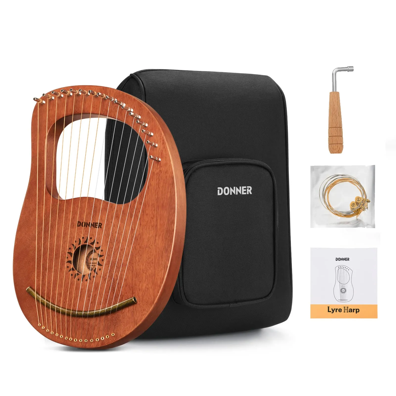 Donner Lyre Harp Sella in Metallo a 16 Corde in Mogano, Stile della Grecia Antica con Chiave di Accordatura e Borsa Nera, DLH-003