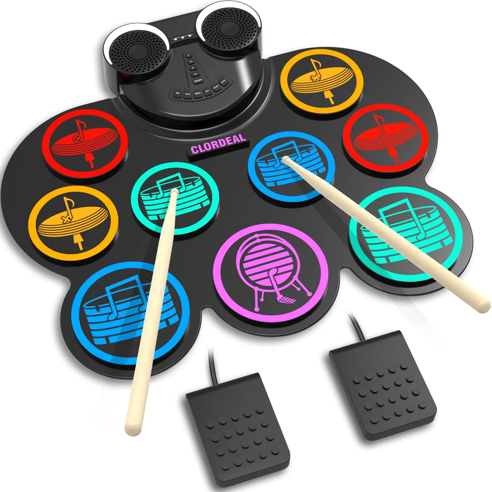 Clordeal Batteria Elettronica Portatile con Bluetooth e MIDI - 9 Pads Batteria Elettrica, Altoparlanti Stereo Integrati, Batteria Ricaricabile, Ideale Regalo Natale e Compleanno per Bambini e Adulti