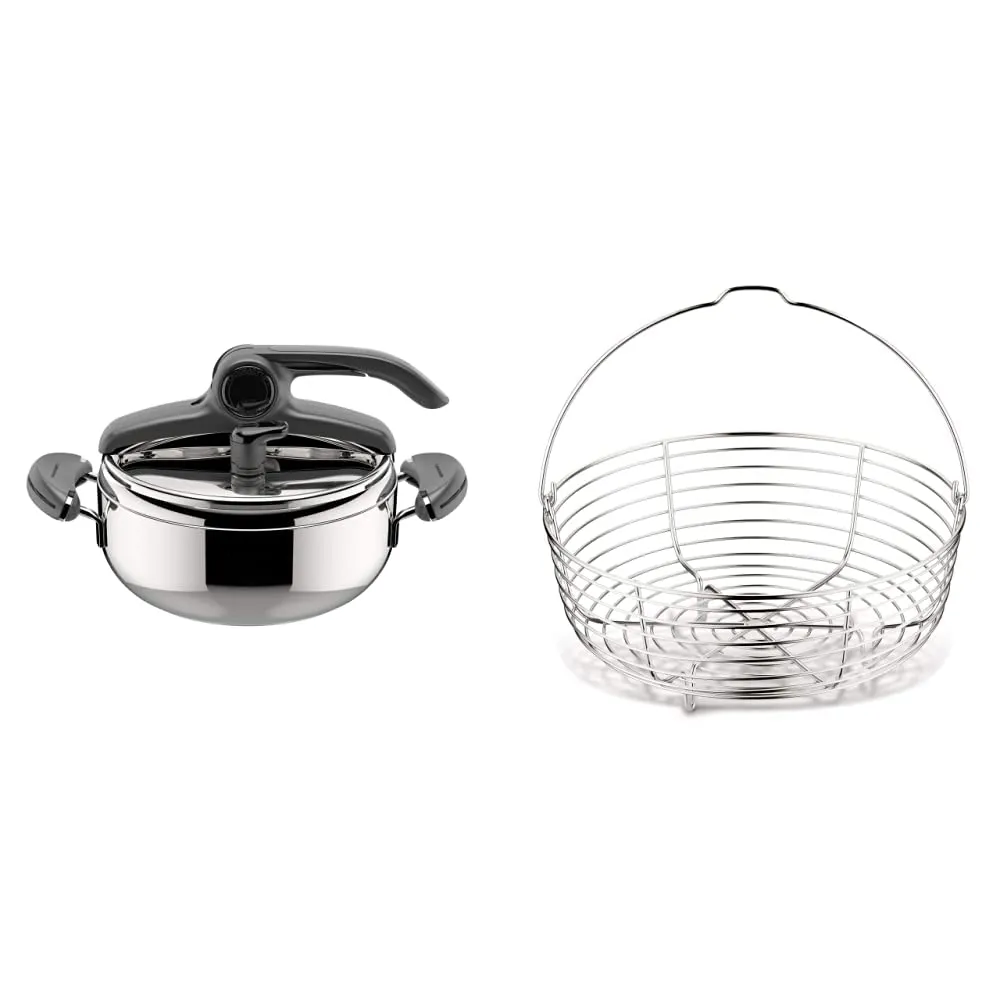 Lagostina Mia Lagoeasy'UP Pentola a Pressione 3.5L in Acciaio Inox 18/10 & Oslash; 22 cm, Pentola Induzione e Gas & Cestello in Filo per Cottura a Vapore in Acciaio Inox 18/10, & Oslash; 19 cm