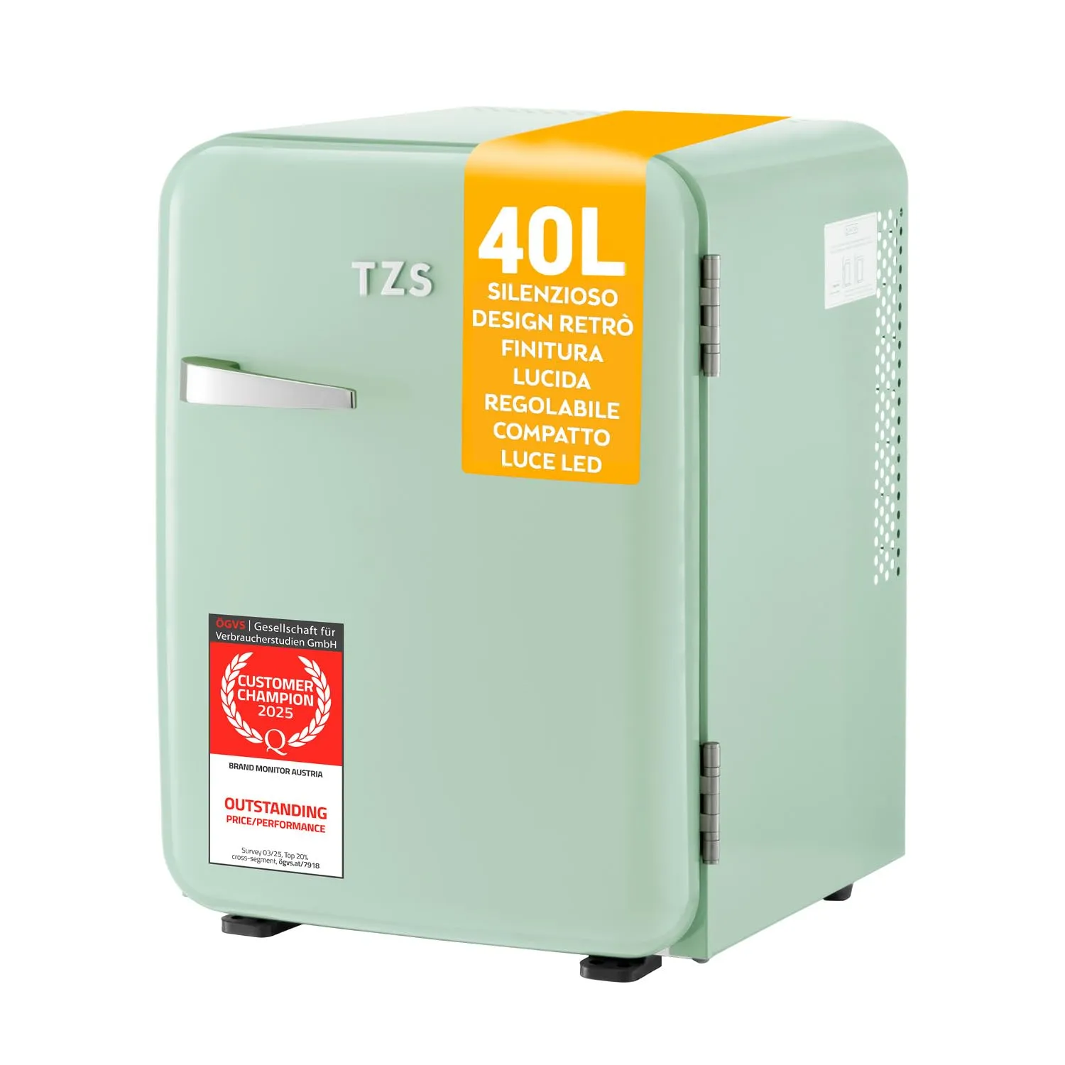 TZS First Austria - Mini Frigorífico Retro 40L silencioso - Pequeño Minifrigo diseño vintage con luz interior y 2 compartimentos de puerta - Minibar para camping, oficina, dormitorio y hotel - menta
