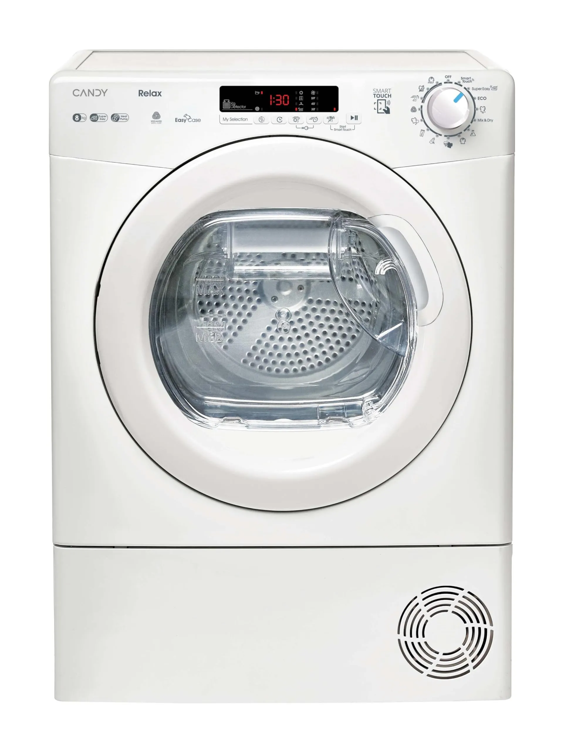 Candy Smart CR EH8N1DE-S Asciugatrice a Pompa di Calore, 8 kg, Carica Frontale, Connettività NFC, Woolmark Certification, 85 x 59.6 x 60.7 (A x L x P cm), Bianco- Classe E