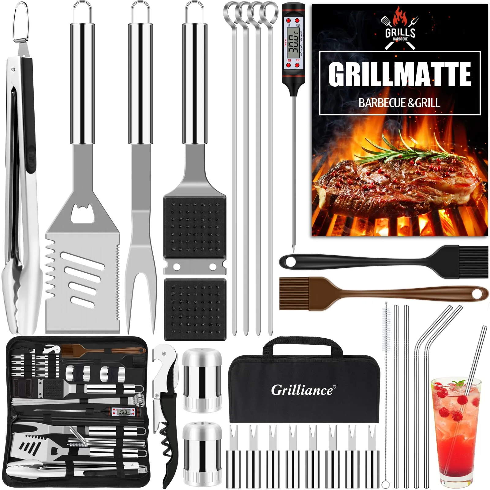 Grilliance Set di 30 Posate per Barbecue, in Acciaio Inox di Alta qualità, Pinza per Barbecue, cavatappi, Set con Valigetta e Tappetino per Barbecue, per Uomini, Regalo per Campeggio, Argento
