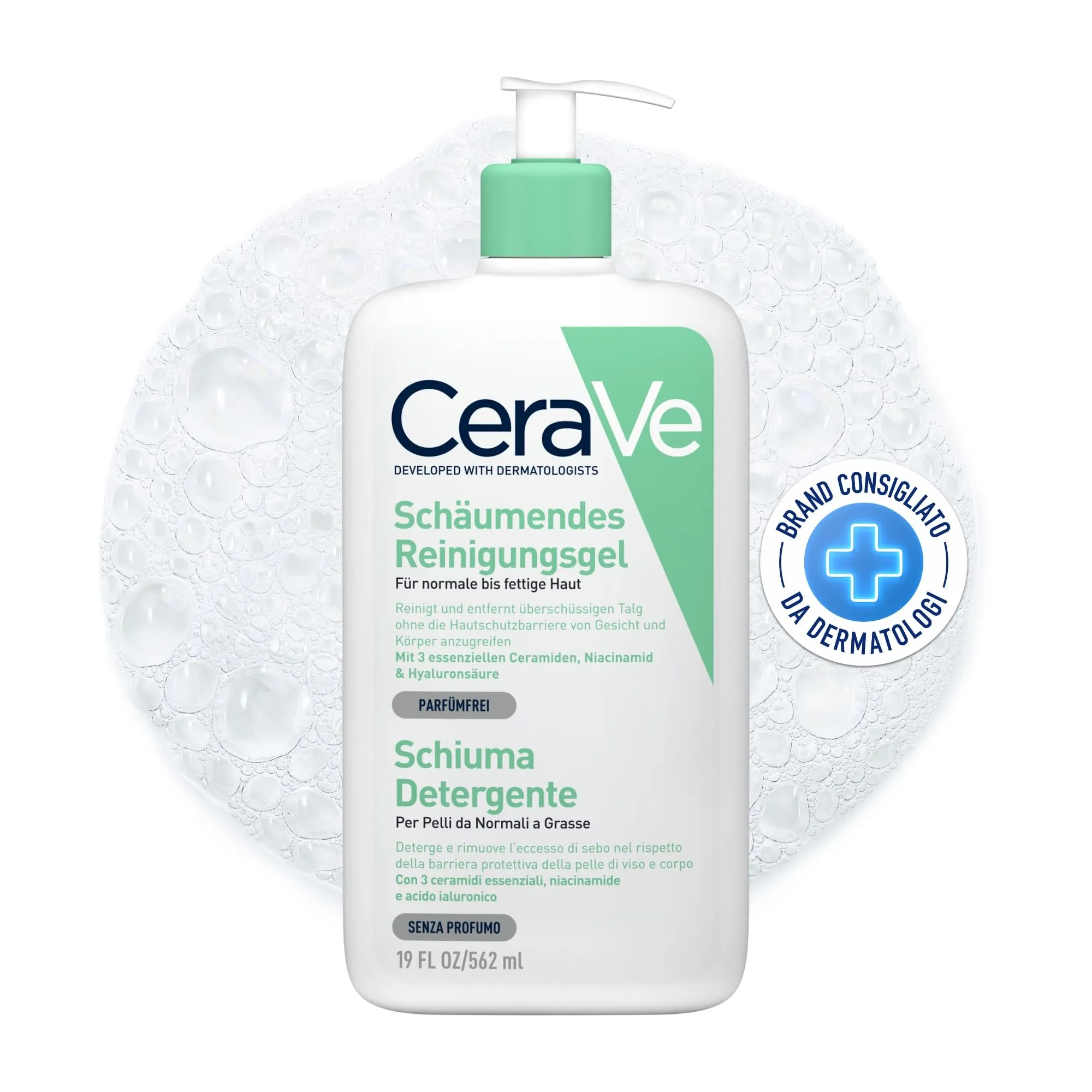 CeraVe Schiuma Detergente, Per Viso e Corpo, Per Pelli da Normali a Grasse, Pelle Libera da Impurità, Barriera Cutanea Rafforzata, Con Ceramidi Essenziali, Acido Ialuronico e Niacinamide, 562 ml