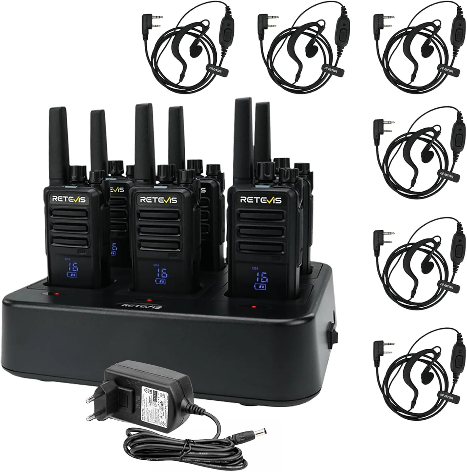 Retevis RT668H Walkie Talkie con Caricatore a 6 Vie, Schermo Nascosto Radio Bidirezionale Senza Licenza, Tipo C, Robusto Walkie-Talkie con Auricolare per la Scuola, Produttore (6 Pz, Nero)