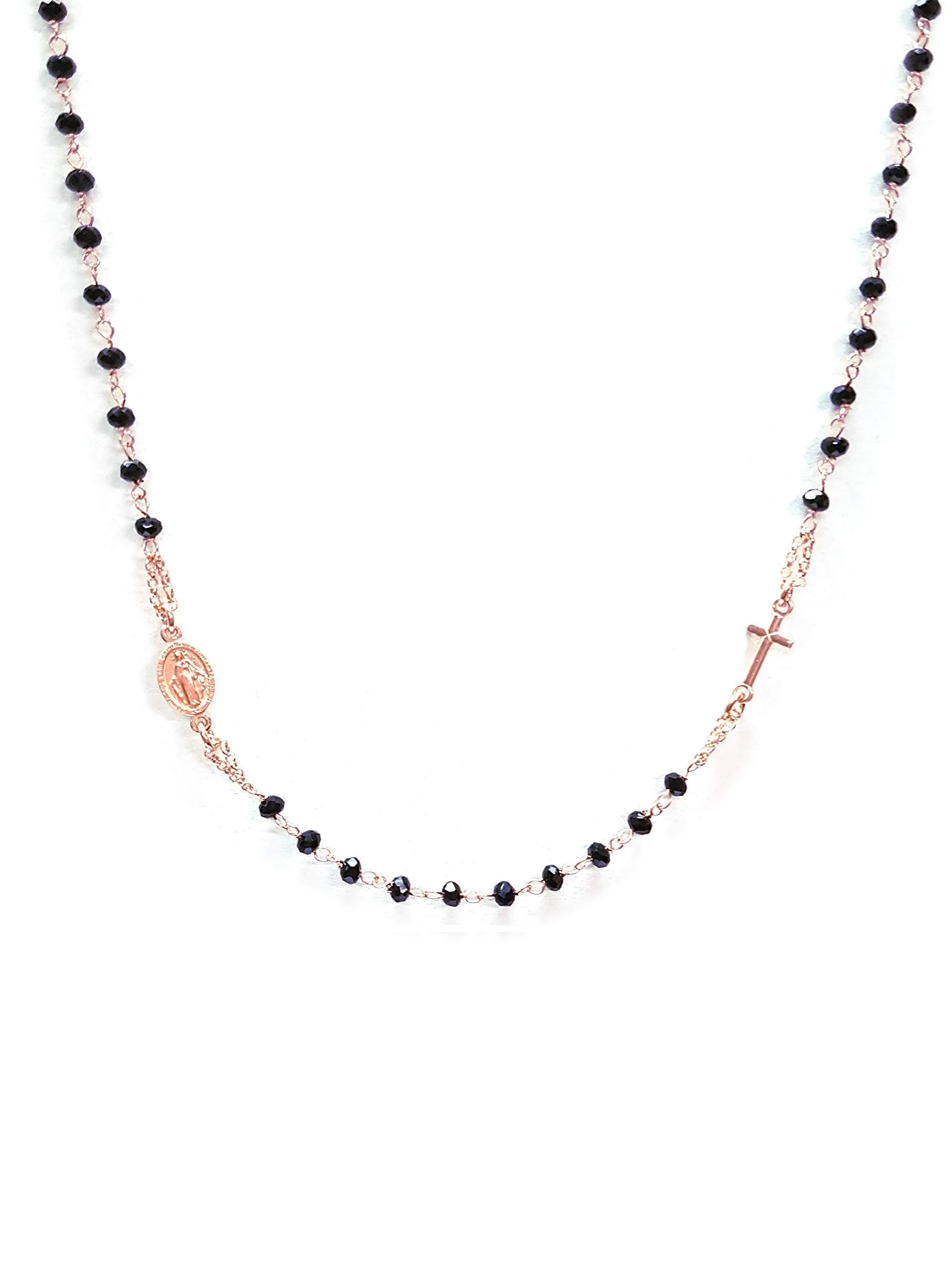 Linea Italia Gioielli - Collana Rosario Girocollo per Donna in Argento 925 Placcato Rosa con Perline Nere, Croce e Medaglietta Madonna - Linea Italia Gioielli Made In Italy