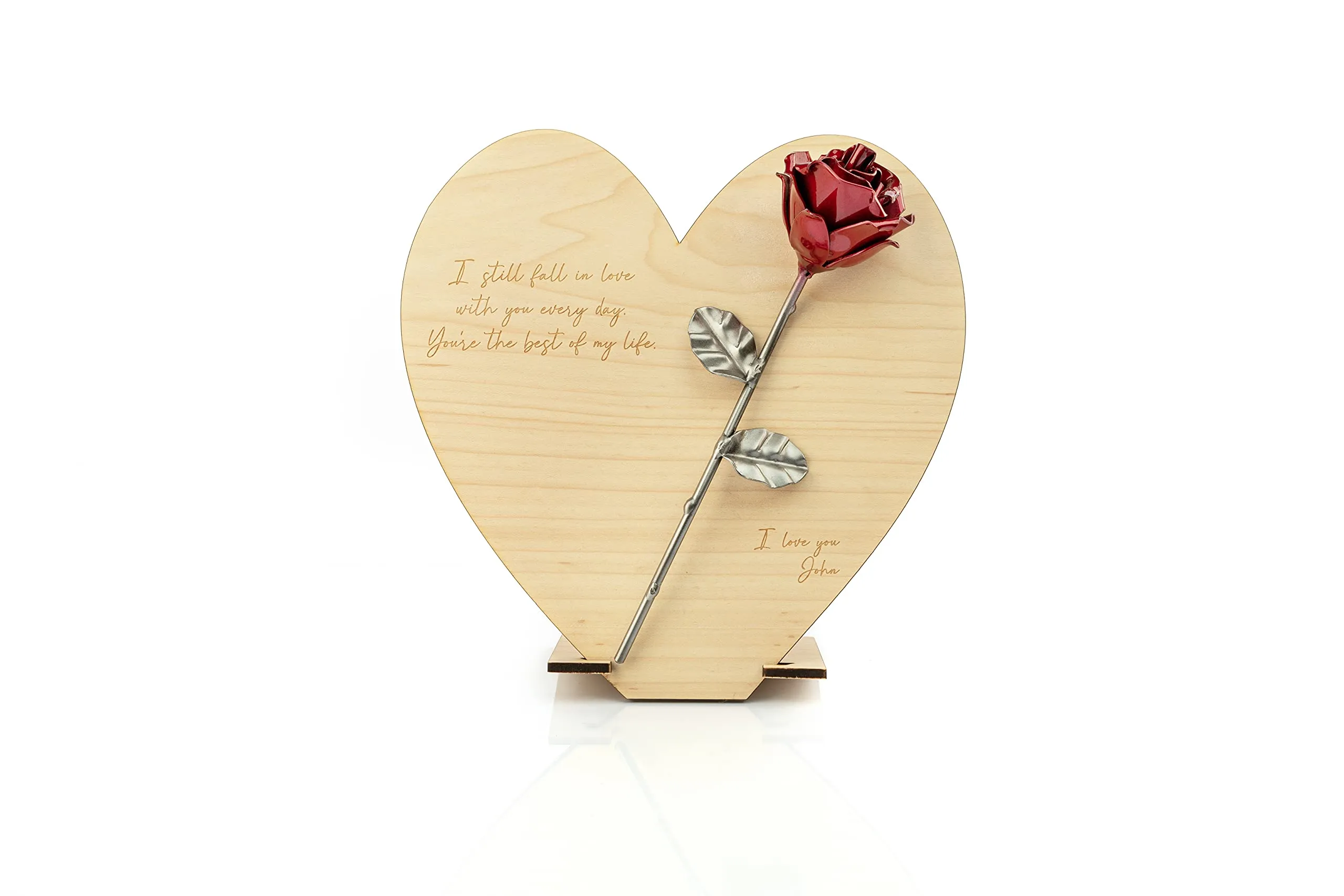 Forging Art Bcn® Rosa Eterna en Ferro Forgiato a Mano su Cuori di legno con Incisione Personalizzata (Cuore di legno)