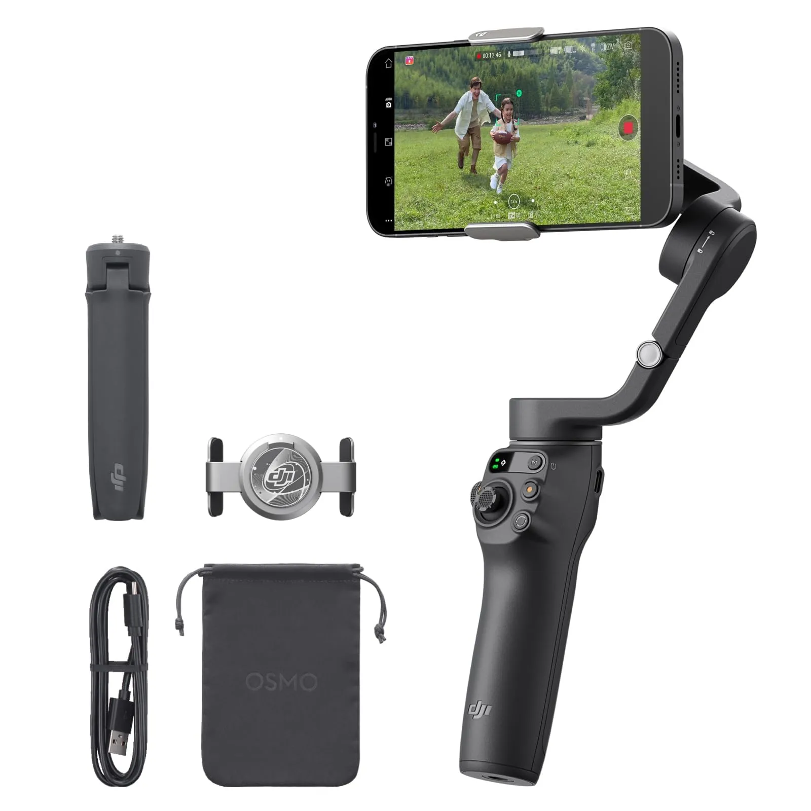 DJI Osmo Mobile 7 + Supporto magnetico a sgancio rapido (per iPhone), Stabilizzatore per iPhone, Treppiede integrato, Ultra-leggero, Stabilizzatore 3 assi per smartphone, ActiveTrack 7.0