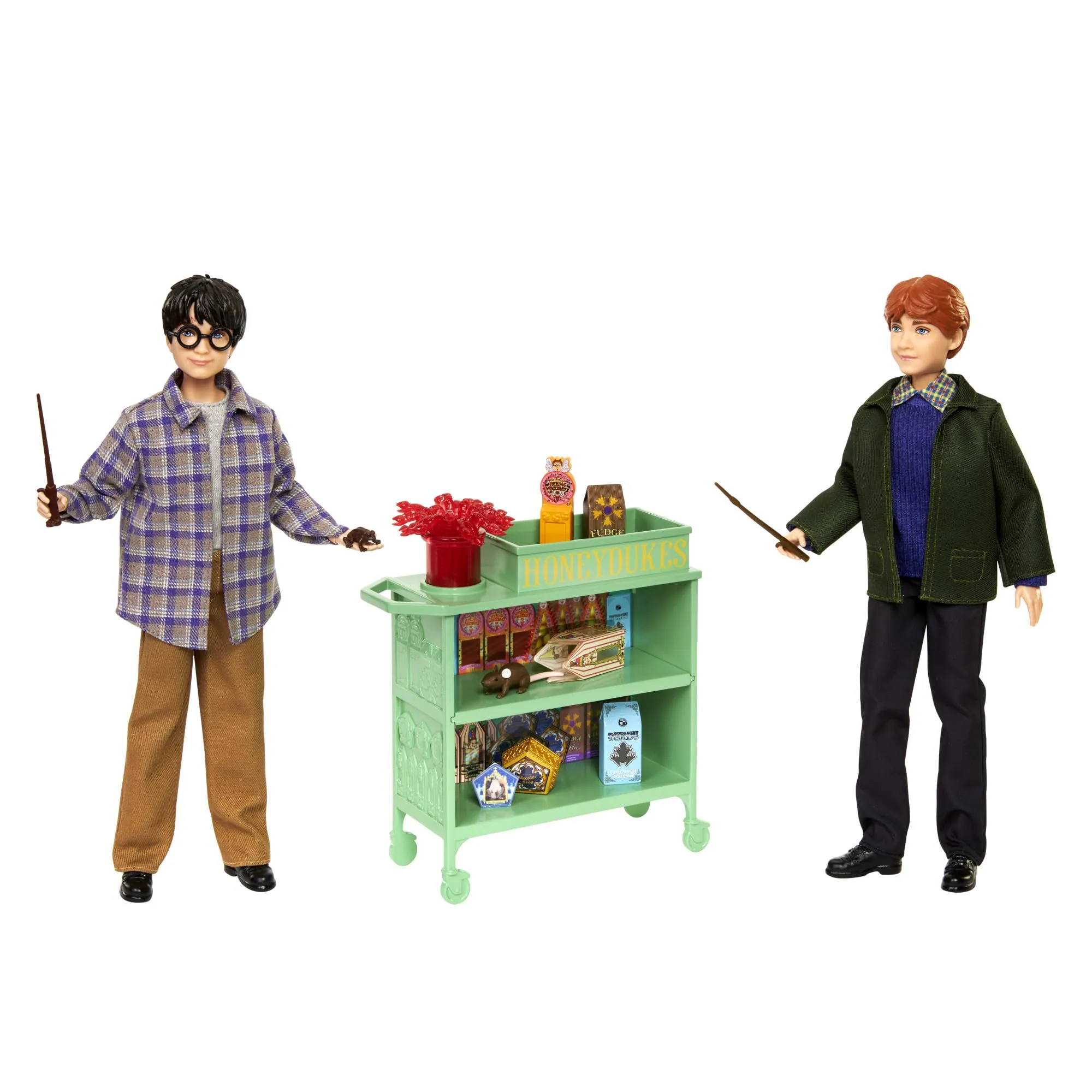 Mattel Harry Potter - Harry e Ron sull'Hogwarts Express, bambole Harry e Ron con le bacchette magiche, include carrello delle vivande e 10+ accessori, giocattolo per bambini, 6+ anni, HND79