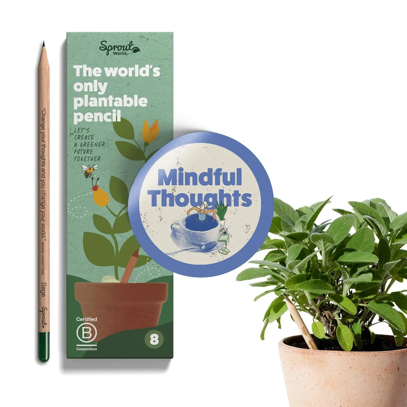 SproutWorld Matita | Edizione Mindful Thoughts | Matite Piantabili con Semi di Fiori, Erbe e Verdure | Legno Ecosostenibile | Set Regalo Ecologico Frasi Motivazionali
