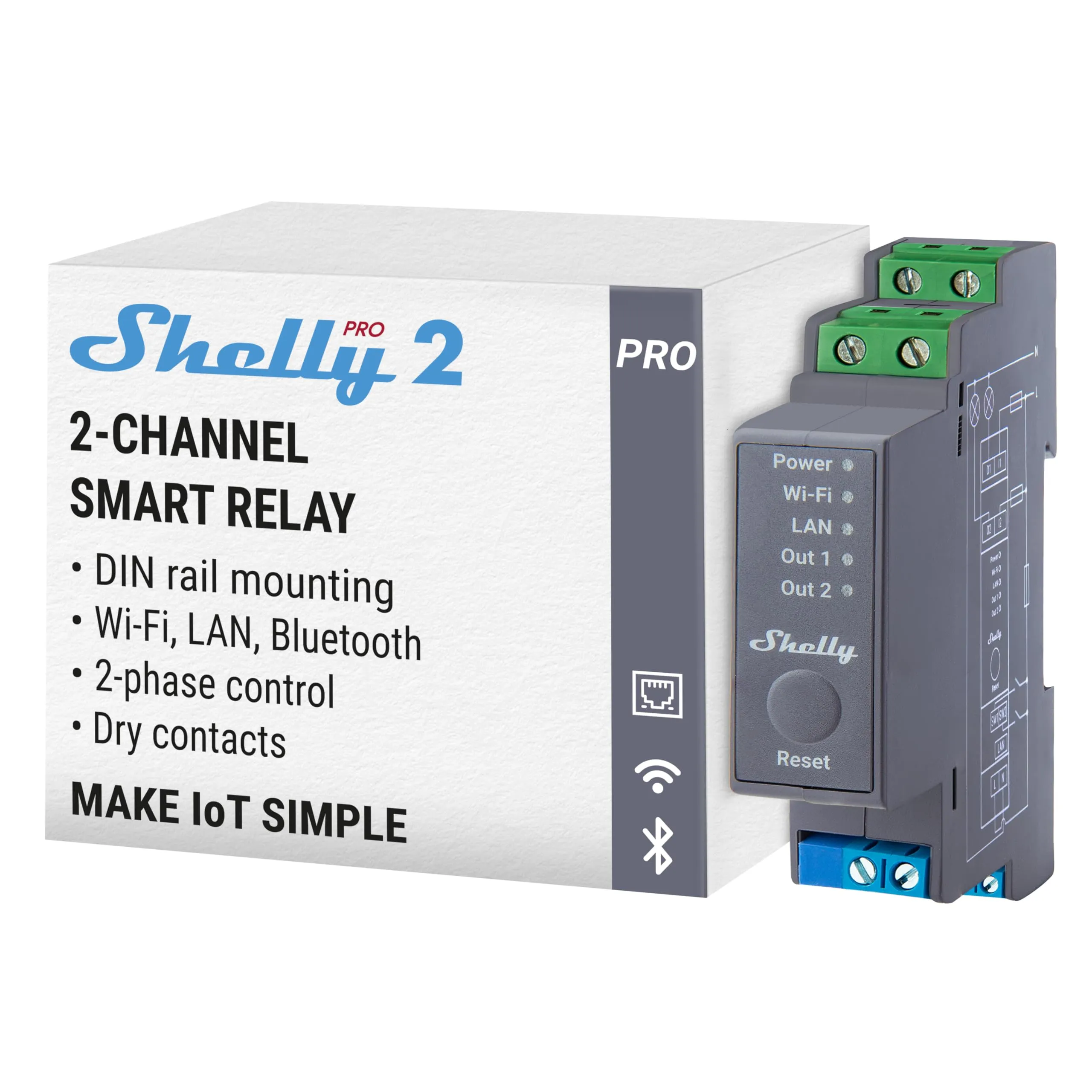 Shelly Pro 2, Wi-Fi & LAN Interruttore Intelligente Relé Bifase - 2 Canali, 25А, Contatto Pulito, Controllo Remoto e Automazione, per Guida DIN, Nessun Hub Richiesto, Alexa, Google Home