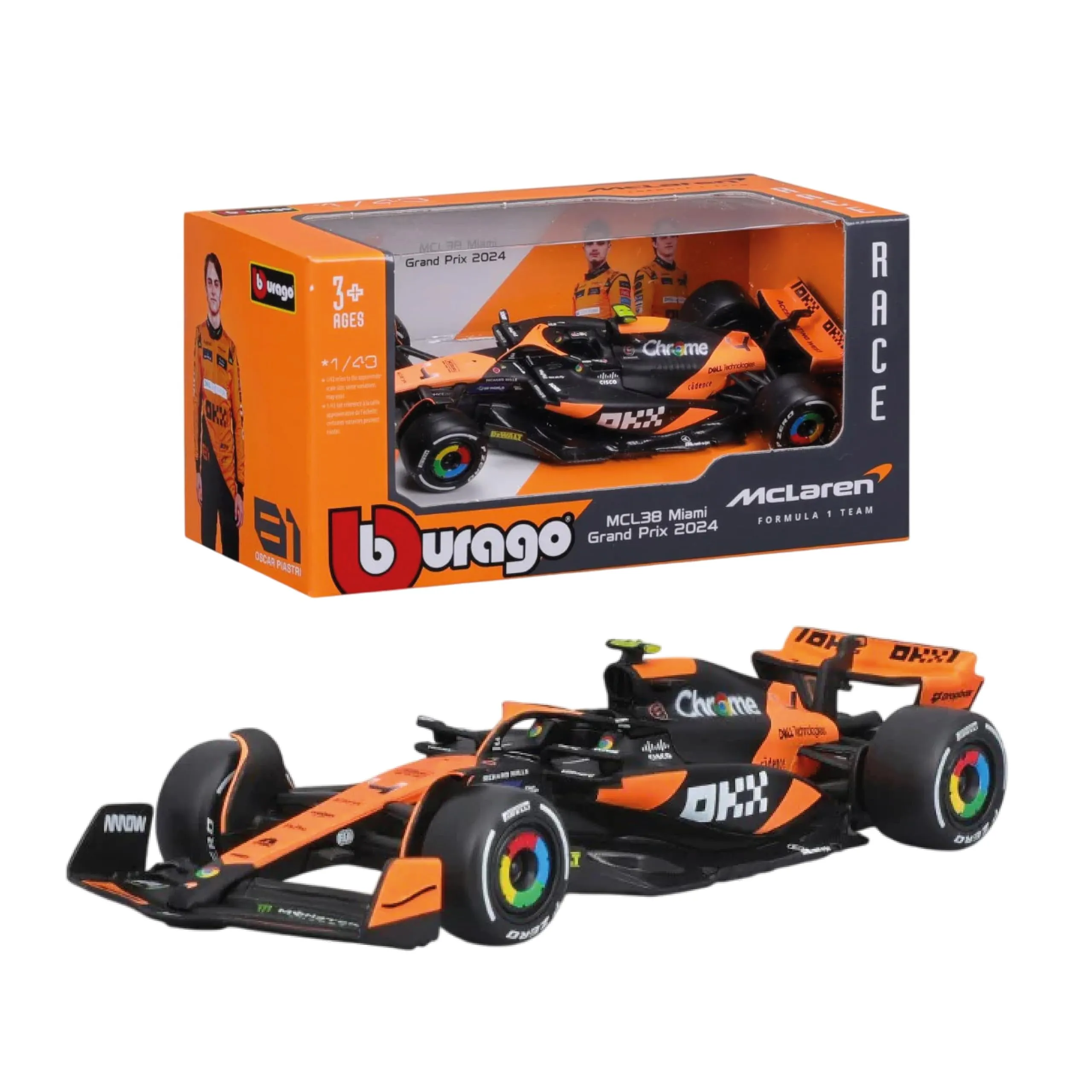 Bburago - McLaren MCL38 Lando Norris #4 2024 - Modellino Realistico Auto in Scala 1:43, Guidata da Lando Norris, Licenza Ufficiale MCLaren, Età consigliata 3+ Anni