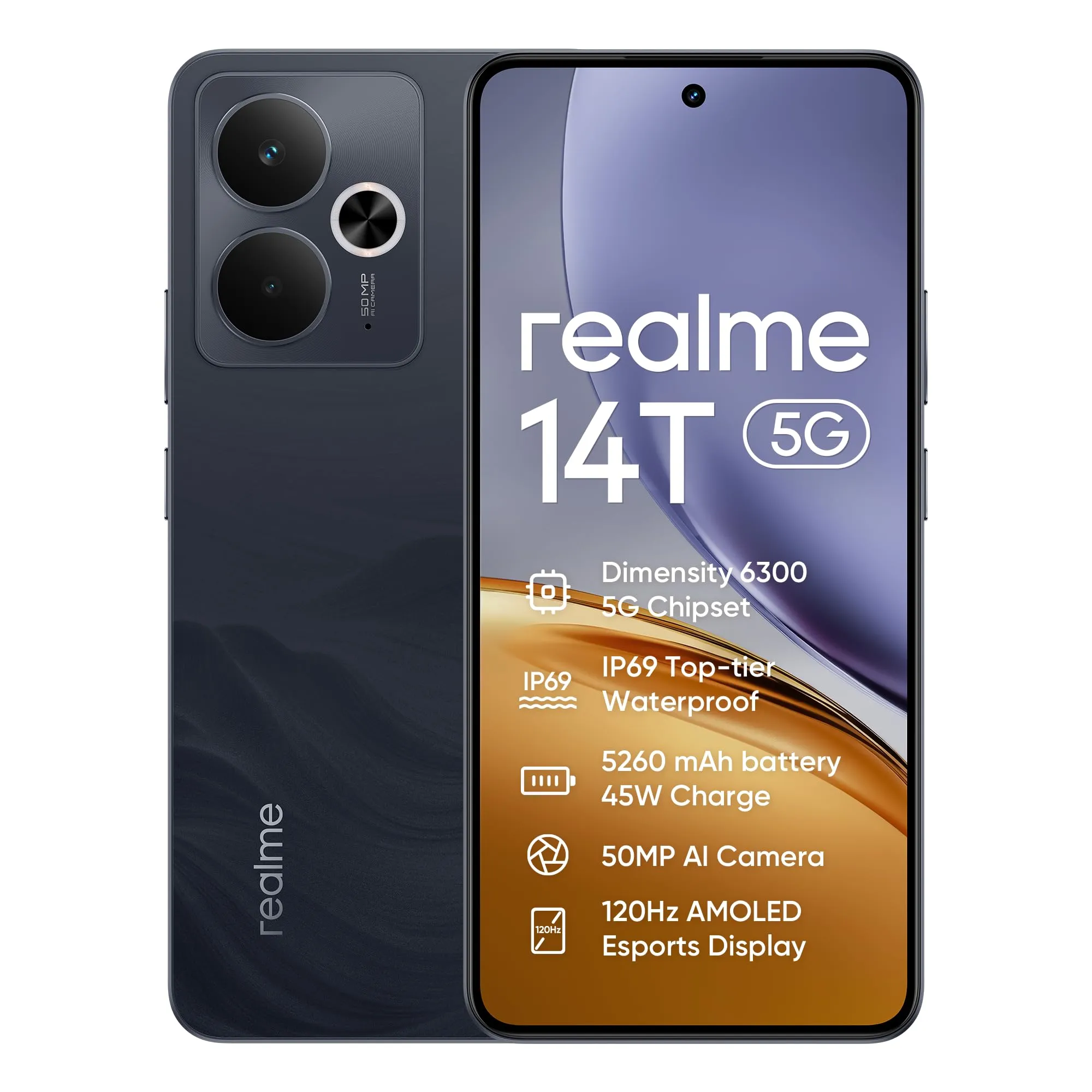 realme 14T 5G Smartphone 8+256GB, Nero Obsidiana, Schermo 6.67 pollici, Refresco a 120Hz, Batteria 5260mAh, Fotocamera 50MP, MediaTek Dimensity 6300, Protezione ArmorShell, IP69