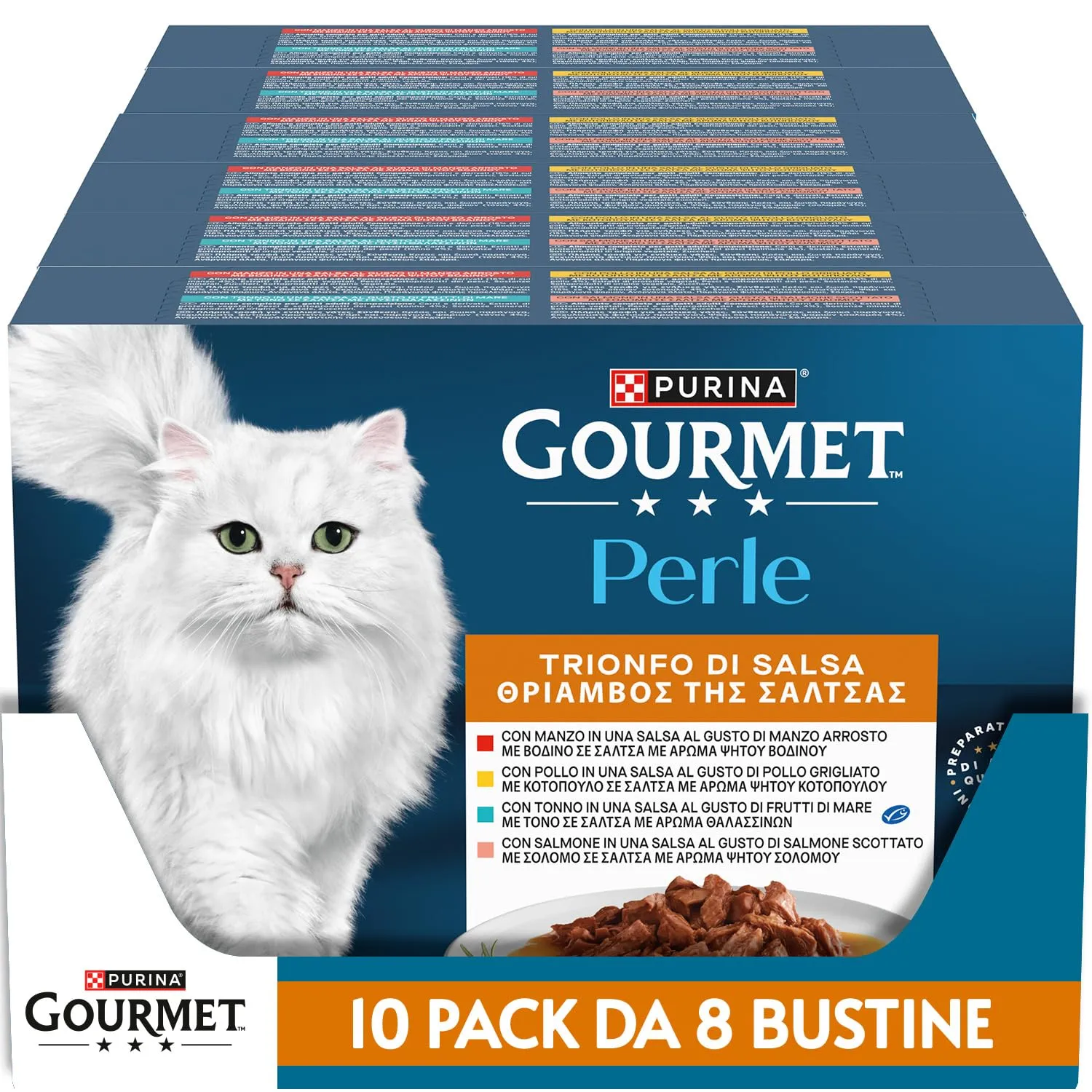 GOURMET Perle Trionfo di Salsa Cibo Umido per Gatti Adulti Bocconcini con Manzo, Pollo, Salmone, Tonno 8 Buste da 85g