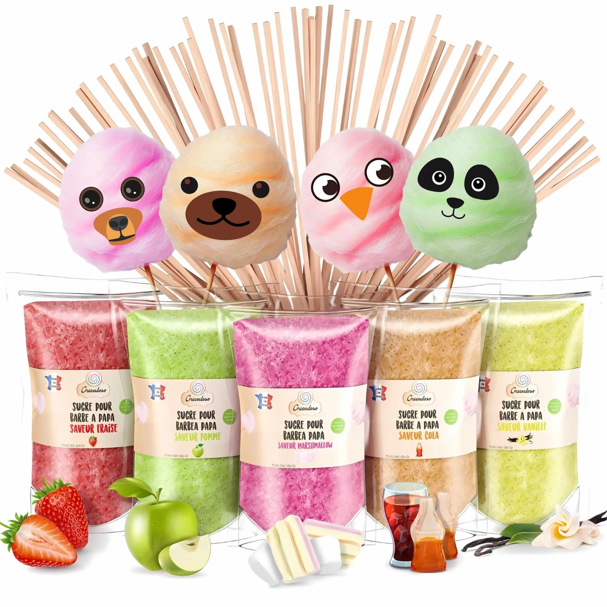 GREENDOSO® Zucchero per Zucchero Filato (5x160 gr) - Set di 5 Gusti (Fragola / Cola / Mela / Marshmallow / Vaniglia) - Aromi e Colori Naturali - 20 Bastoncini