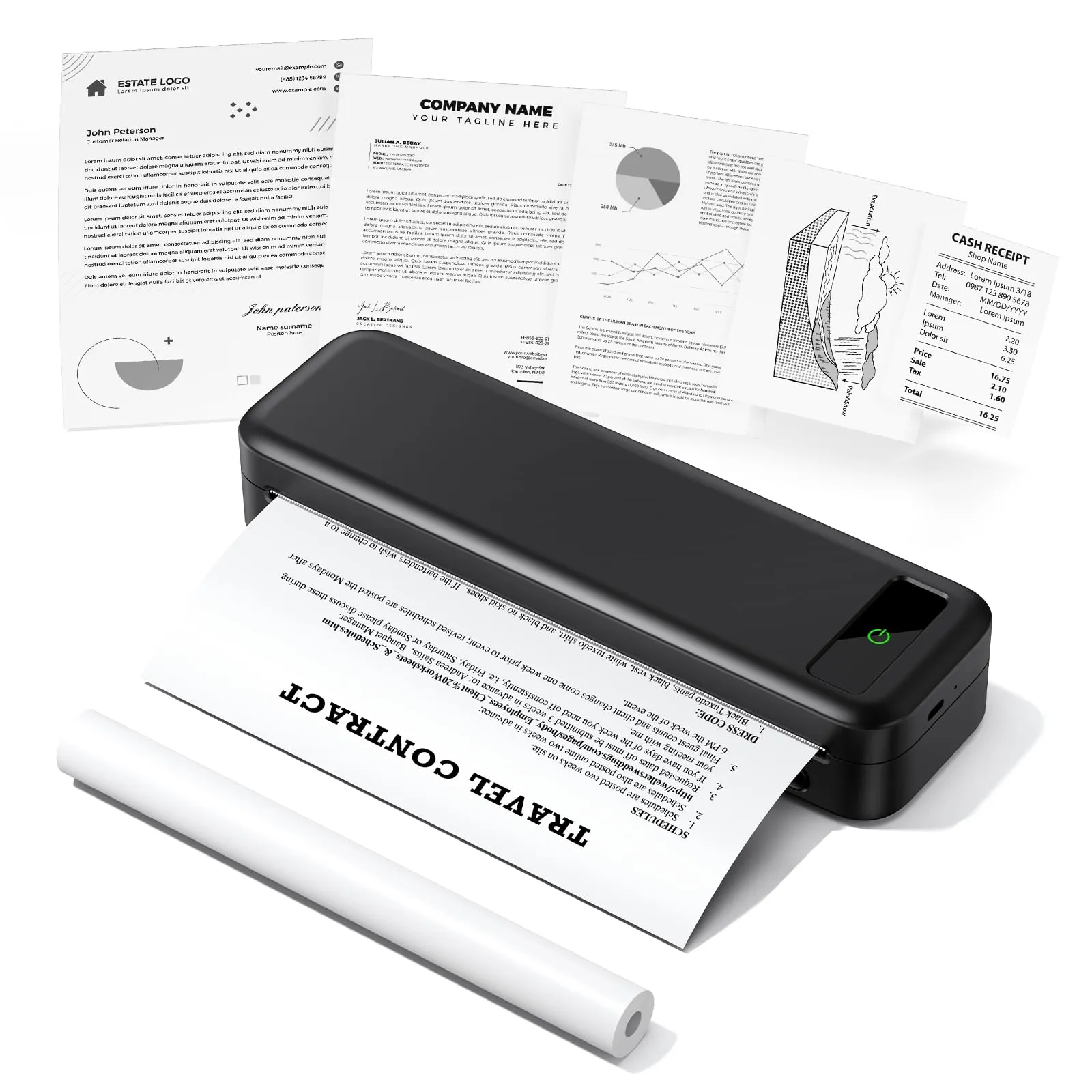 Stampante Portatile A4, Stampante Termica 2600mAh Compatibile con iPhone Cellulare/iPad/PC, iOS/Android Smartphone via Wireless Bluetooth, Mac/Windows via USB, Senza Inchiostro Stampa in Nero e Bianco